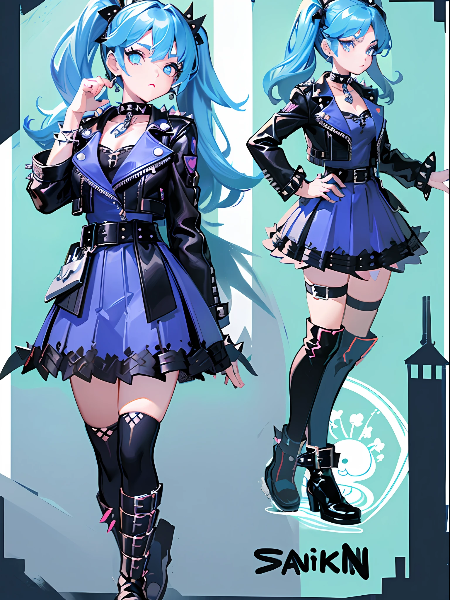 ((reference sheet, 1girl, 5 poses, turnaround, character design)) detailed accessories, (masterpiece), best quality, expressive eyes, perfect face, gothic ta, punk, rock, sky blue clothing, leather jacket, mini skirt with big belts, spiked bracelets, spike choker, ghost themed style