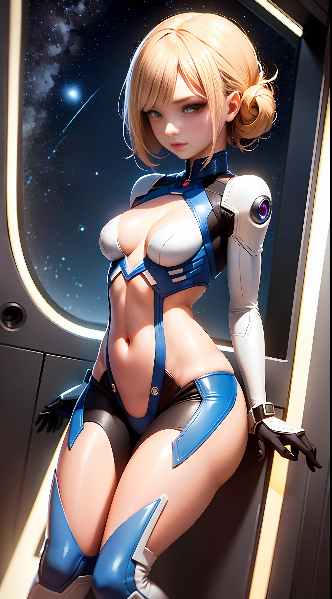 Sexy european female, futuristic suit with pockets and straps, small LED lights attached on the suit, alien spaceship cockpit, window with view of space and stars, artwork, high resolution, shot on dslr, detailed face, sexy hips, amazing body, amazing legs, cinematography, maximum details, neutral colors, hdr, muted colors, soft cinematic light, insane details, intricate details, hyperdetailed,beauty, shot with hasselblad, sharp focus, dof, (rim lighting), half body, skin pores, acne,