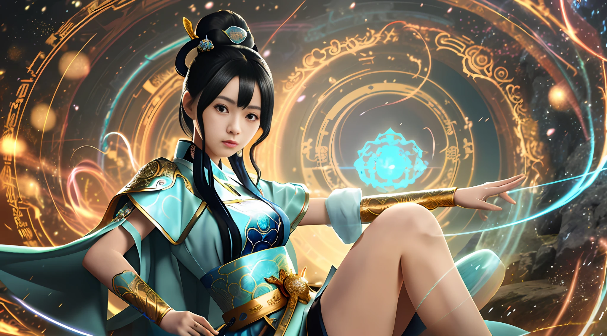 anime - style woman in blue and black outfit sitting on a rock, black - haired mage, official artwork, alchemist girl, palace ， a girl in hanfu, alice x. zhang, tatami galaxy, range murata and artgerm, official art, yan, key visual, masayoshi suto and artgerm, anime visual of a young woman