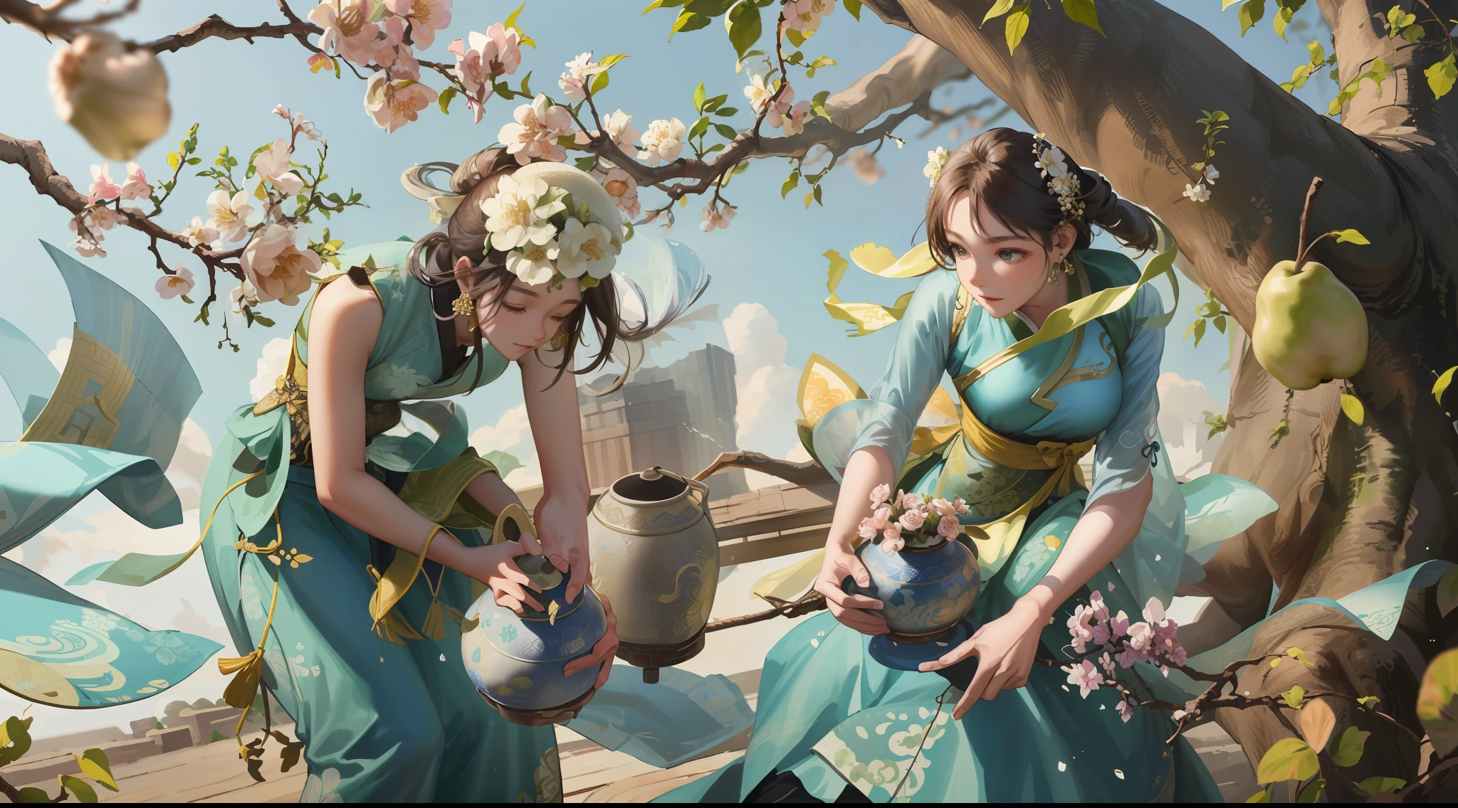 A beautiful girl in ancient China, mysterious temperament, gorgeous long skirt, huge pear tree, pear blossom, standing under the tree, doing pottery, sunshine, clear face, masterpiece, super detailed, epic composition, high quality, highest quality, 4k --v 6