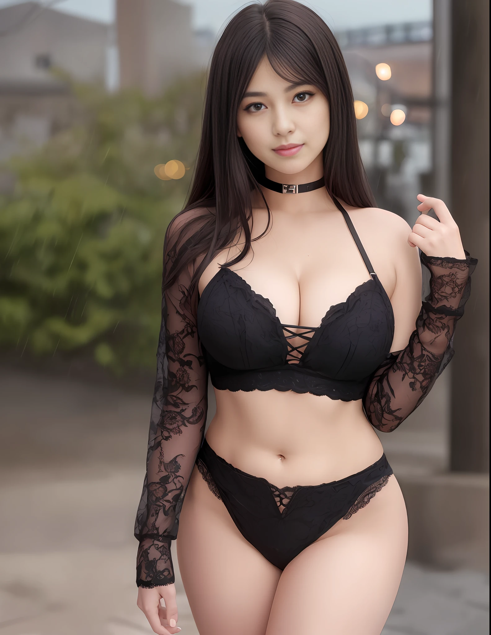 (64K, UHD, Best Quality, Masterpiece: 1.2), (Realistic, Photorealistic: 1.37), Super Detailed, Girl 1 Person, Cute, Solo, Beautiful Detailed Sky, Detailed Ballpark, Night, Full Length View, Standing, 23 years old, Height 167cm, Weight 55kg, Bust 85cm, F Cup, Waist 56cm, Hips 80cm, (Blushing nose), (Smile: 1.15), (Closed mouth), Big, Beautiful fine eyes, night, body fitted black cat costume, rain, (short hair: 1.2), floating hair NovaFrogStyle,