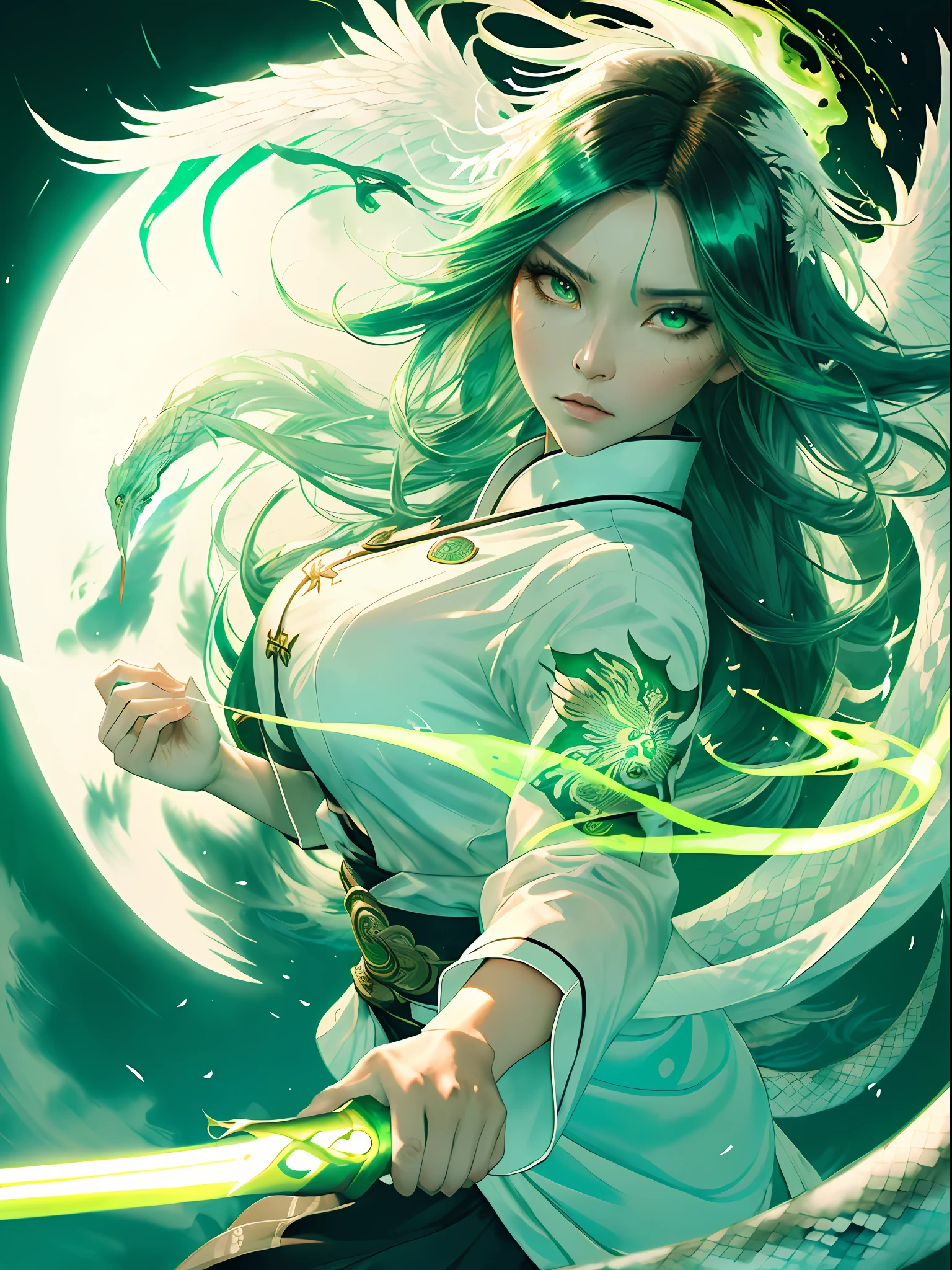 (masterpiece, best quality) Flowing ink painting style, Snake Clan Girl, ultra-clear face close-up,  Magnificent epic scene, clear eyebrows and eyes, phoenix  eye, flying hair, fair skin, Dark green emerald, wearing white clothes, POV view, flowing sleeves, Fluorescent green, dynamic fire in background, blank-leaving, huge Chineseblade attacking the viewer