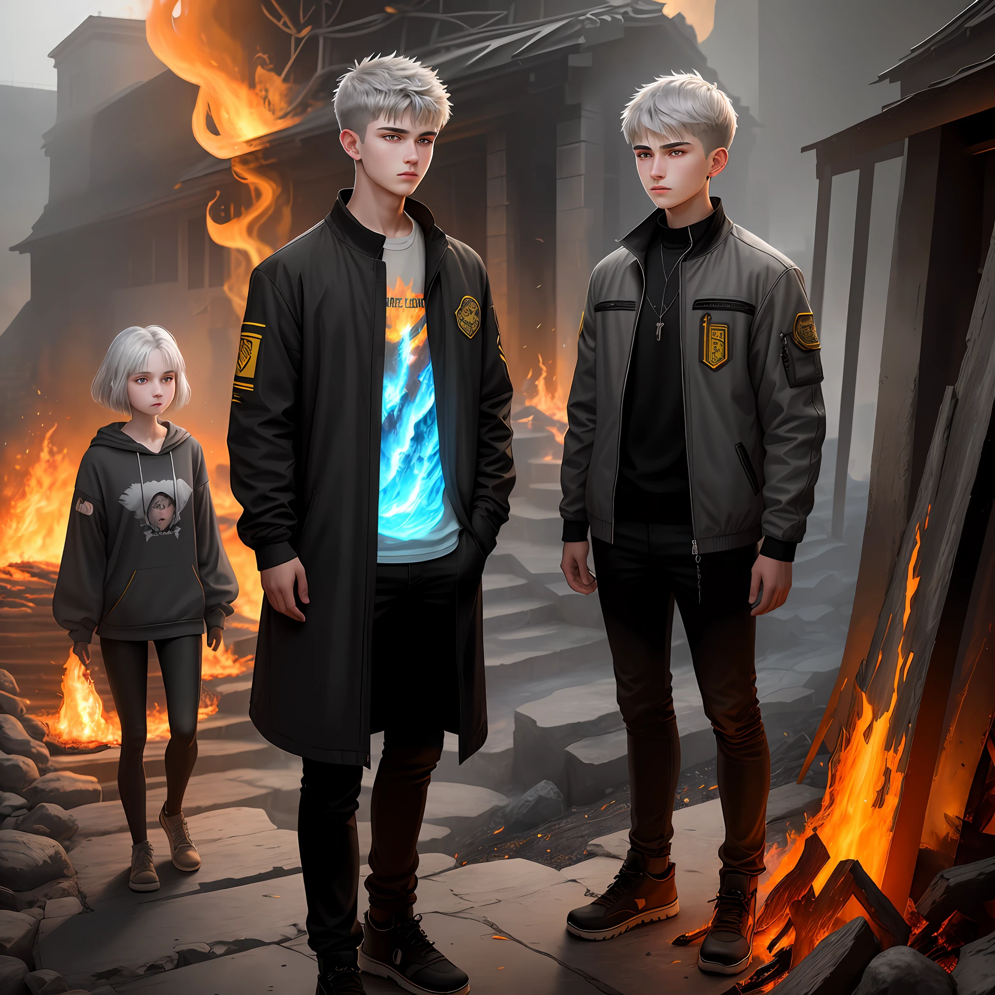 High detail, clarity, 8kk, young guy, 18 years old, light gray hair, short haircut, yellow eyes, clothes covered with dark fire, standing near the steps of fire, behind is an 18-year-old girl with gray hair, fiery lava, realism, fantasy