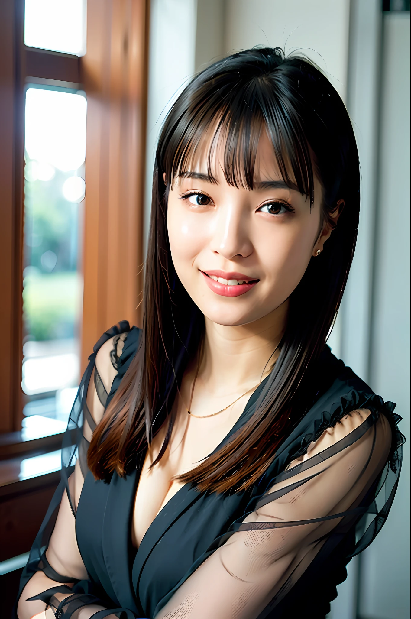 Woman posing for photo, (wearing a tight dress with deep V-neck), (hime_cut_hairstyle:1.3), skillful hands, 4k, high resolution, masterpiece, top quality, head: 1.3, (((Hasselblad photo)), fine skin, sharp focus, (cinematic lighting), night, soft lighting, dynamic angles, [:( detailed face: 1.2):0. 2], (((5 star hotel))),