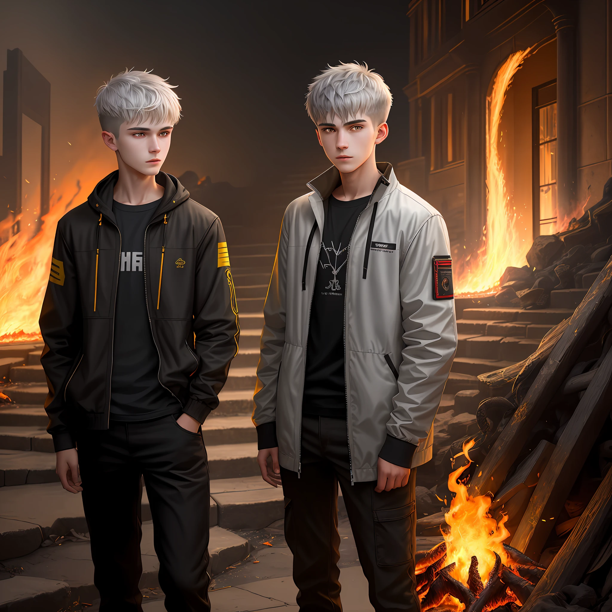 High detail, clarity, 8kk, young guy, 18 years old, light gray hair, short haircut, yellow eyes, clothes covered with dark fire, standing near the steps of fire, behind is an 18-year-old girl with gray hair, fiery lava, realism, fantasy