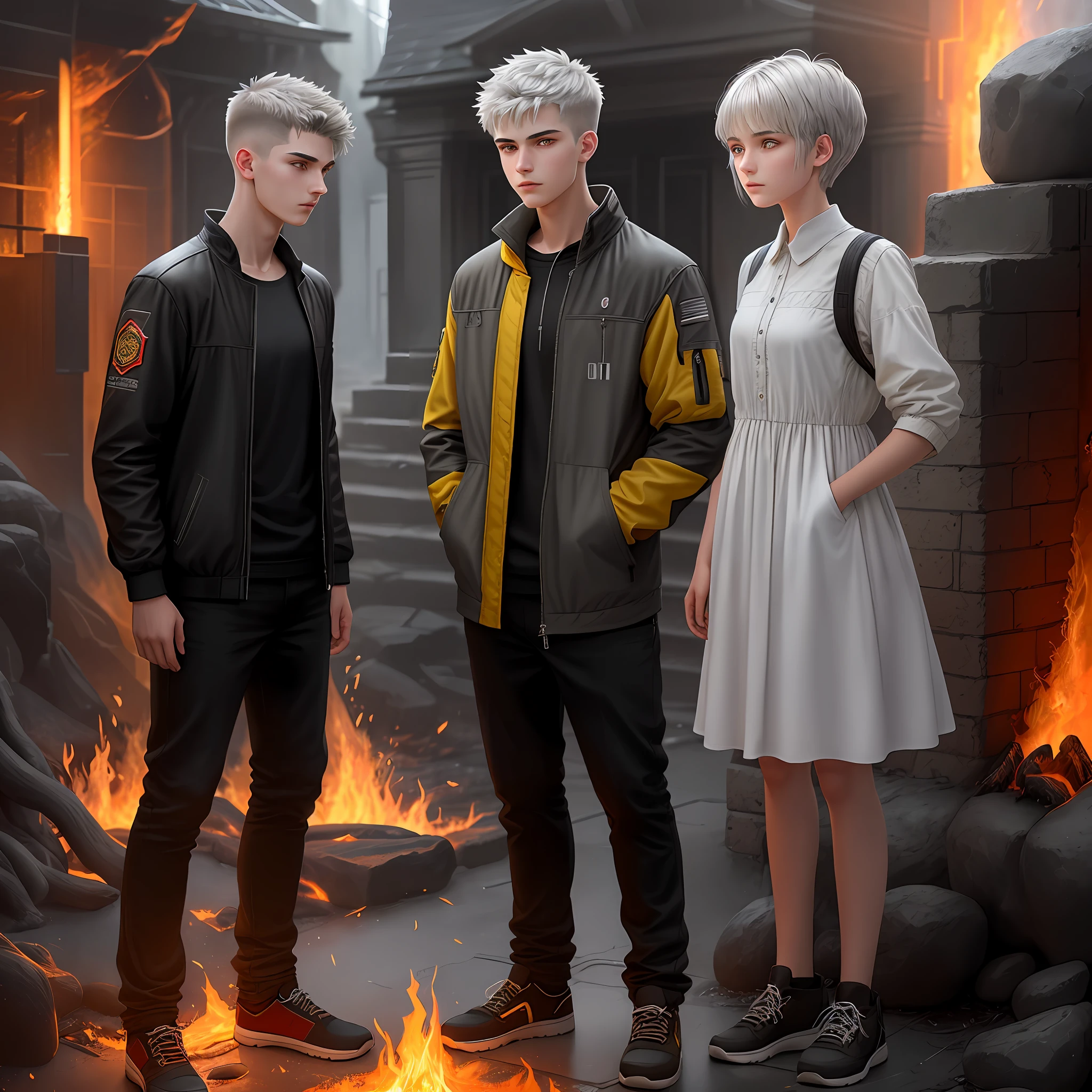 High detail, clarity, 8kk, young guy, 18 years old, light gray hair, short haircut, yellow eyes, clothes covered with dark fire, standing near the steps of fire, behind is an 18-year-old girl with gray hair, fiery lava, realism, fantasy