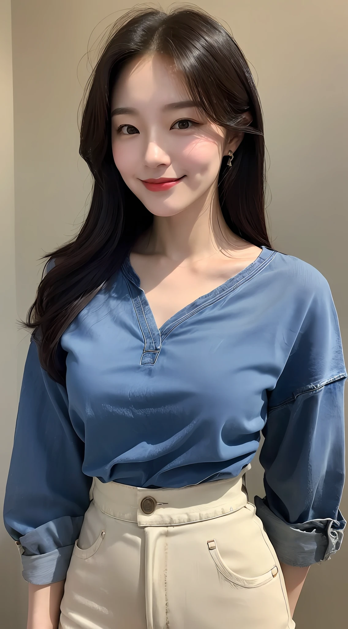 Korean woman, (masterpiece, pretty people, tainted smile), virtual youtube, detailed skin texture, jeans, blue long t-shirt, detailed cloth texture, beautifully detailed face, masterpiece, collarbone, slim waist, slim body. With President Biden, Biden behind her.