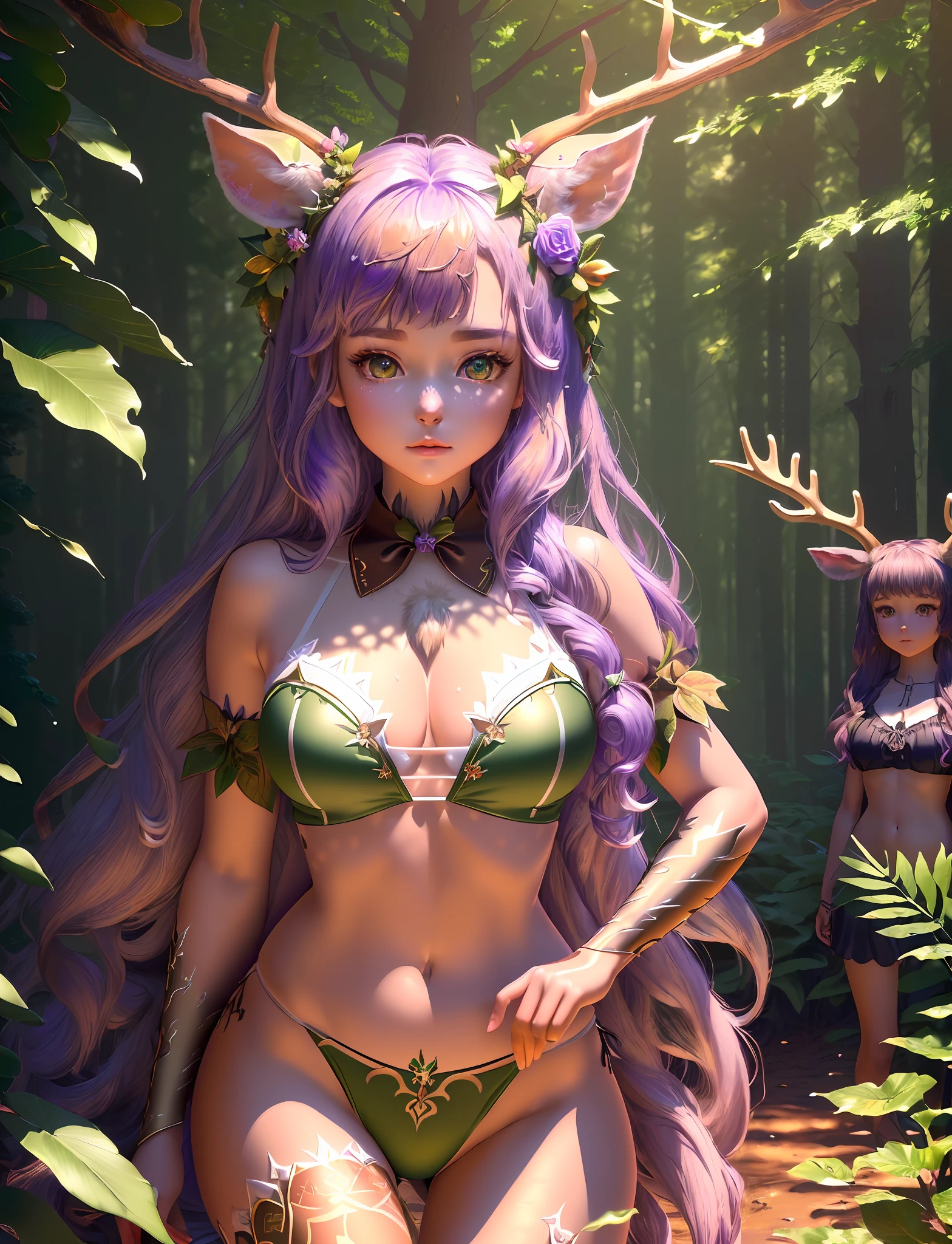 Highly detailed, high quality, extremely detailed CG, 8k wallpapers, ((((masterpiece))), ((super detailed)), ((illustration)), deer, girl, (half-human deer), (half-deer man),
(A demon-deer with a girl's head and chest and a deer body)), white bikini, forest, purple hair, green eyes