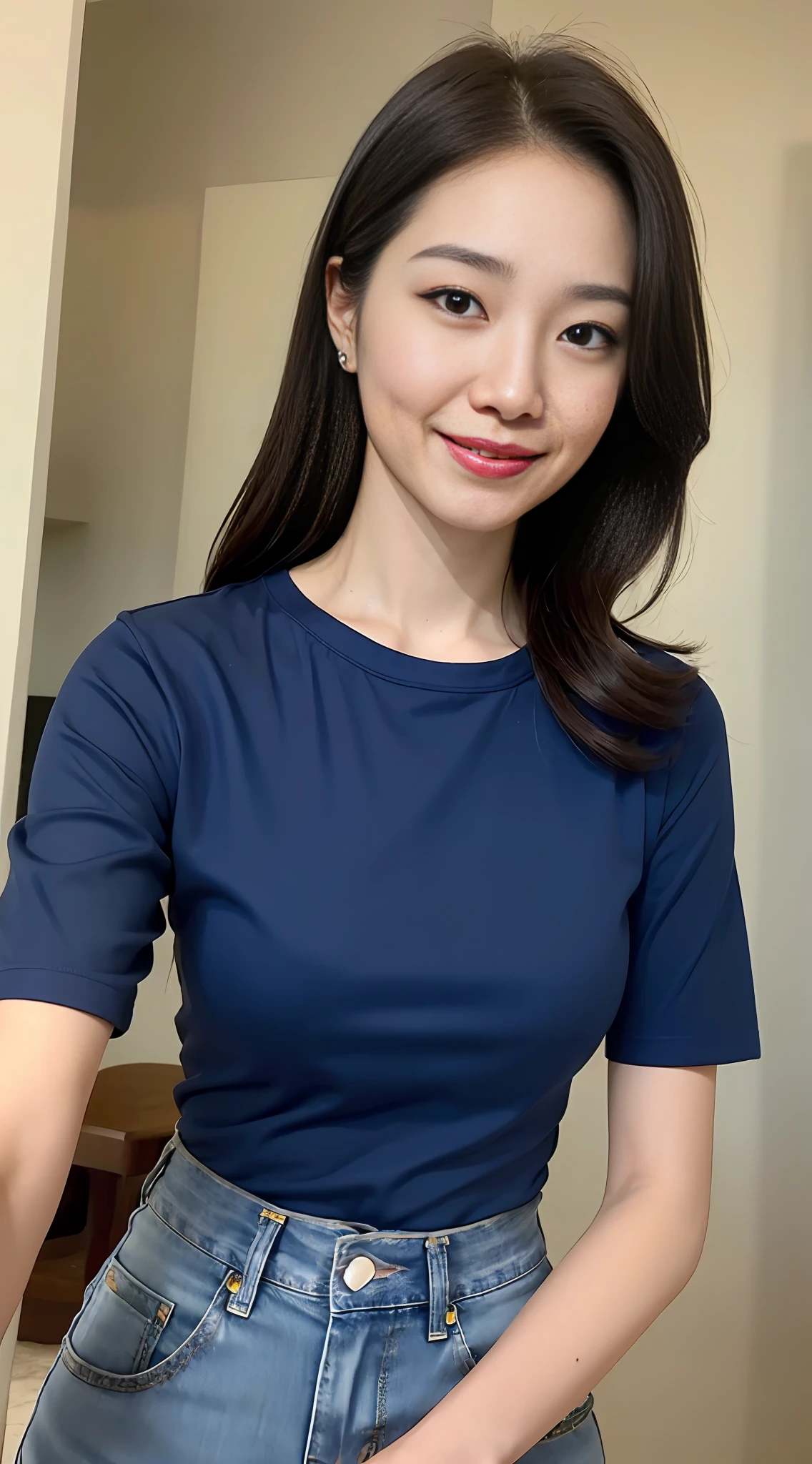 Korean woman, (masterpiece, pretty people, tainted smile), virtual youtube, detailed skin texture, jeans, blue long t-shirt, detailed cloth texture, beautifully detailed face, masterpiece, collarbone, slim waist, slim body. With President Biden, Biden behind her.