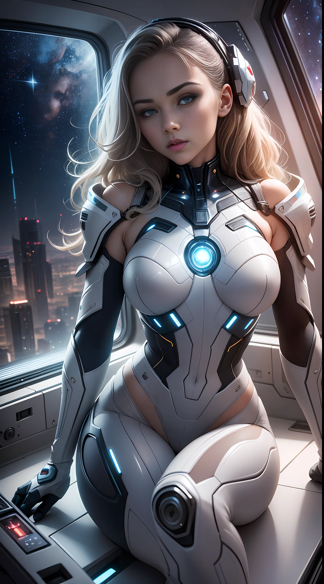 Sexy European woman, wearing a futuristic suit, small shoulder rest and pockets with LED lights, sitting in the cockpit of an alien spaceship, enjoying the starry sky through the window, artistic high-definition images, fine face, sexy hips, amazing body and legs, cinematic shooting, up to maximum detail, neutral tones, HDR effects, soft colors and cinematic light tones, crazy details, intricate details, ultra-details and beauty, shooting with Hasselblad cameras, sharp focus, extremely high degree of freedom, Edge-lit bust lens to restore pores and acne.