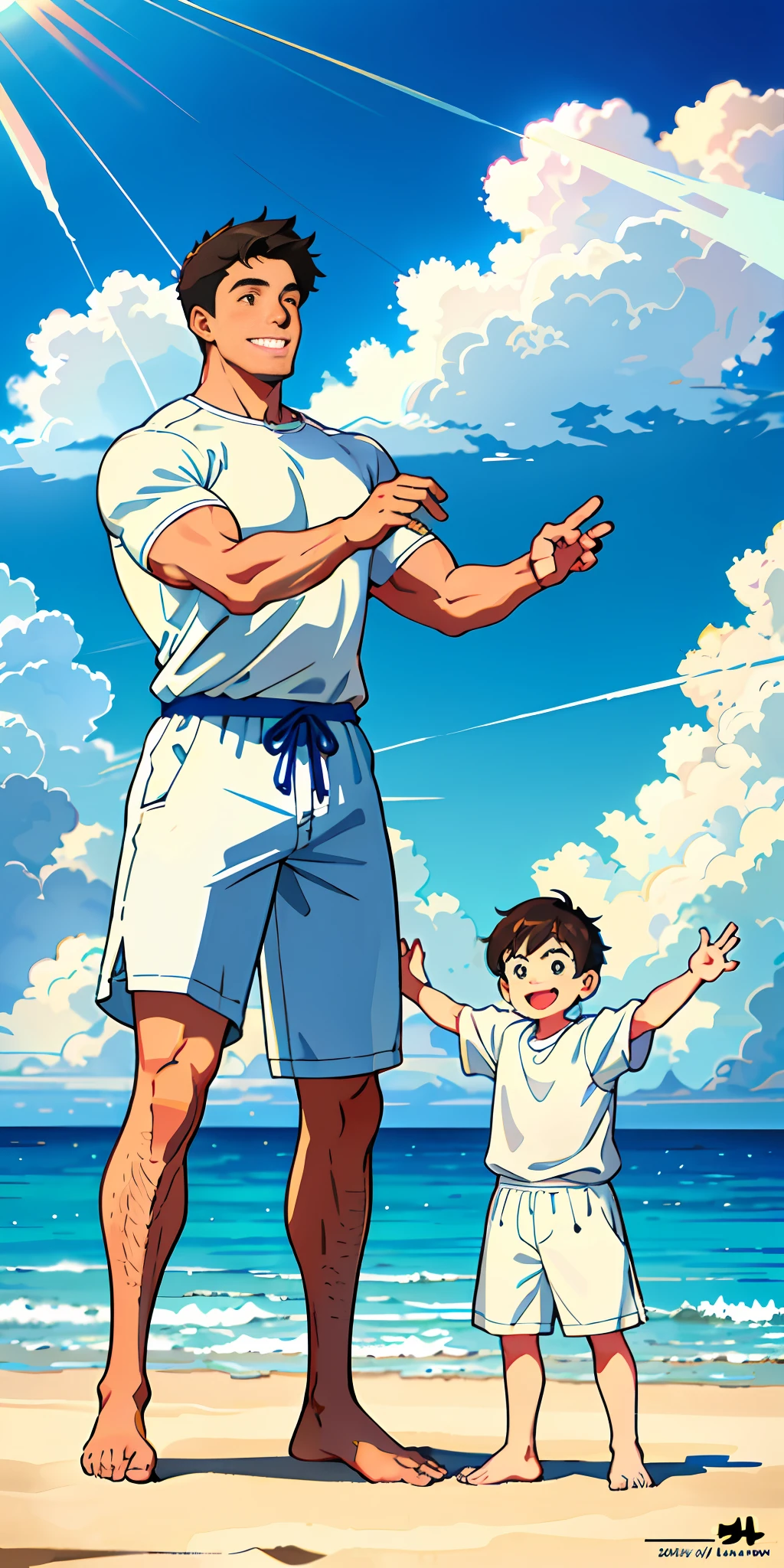 A father and a son are playing with each other. The father is muscular and lean and is wearing white clothes. The son is lively and happy and playing with the father. Father carrying son. Full body photo with beach background and sun in the sky with scattered clouds in between. Enjoyable scenery with happiness abound