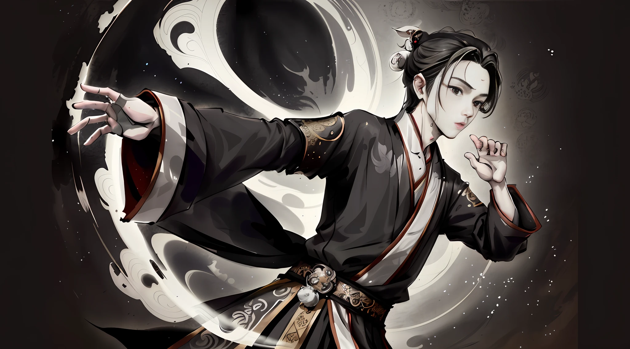 Realism - Black Hanfu costume style man, one person, best proportions four fingers and one thumb, solo dance, brunette Taoist, official artwork, background Dharma array, Hanfu, monochrome, grayscale, ink splash. Ancient Chinese architecture, boys in Hanfu, Wang Ye under one, anime visual, epic, hyperrealistic for young boys