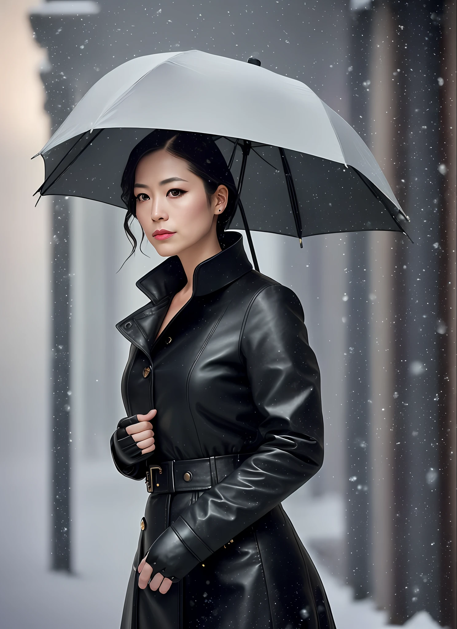 Professional portrait of Japan middle-aged woman in sober mourning clothes with short wavy hair and black leather gloves ((sultry flirty appearance)), freckles, beautiful symmetrical face, cute natural makeup, ((standing outside on a snowy city street)), stunning modern urban luxury environment, ultra-realistic, concept art, elegant, highly detailed, complex and sharp focus, depth of field, f / 1。 8, 85mm, medium shot, mid shot, (center image composition), (professional color grading), (bright soft diffused light)), volumetric fog, instagram trends, tumblr trends, HDR 4K, 8K, Fujifilm X-T5 vintage look, lots of drama