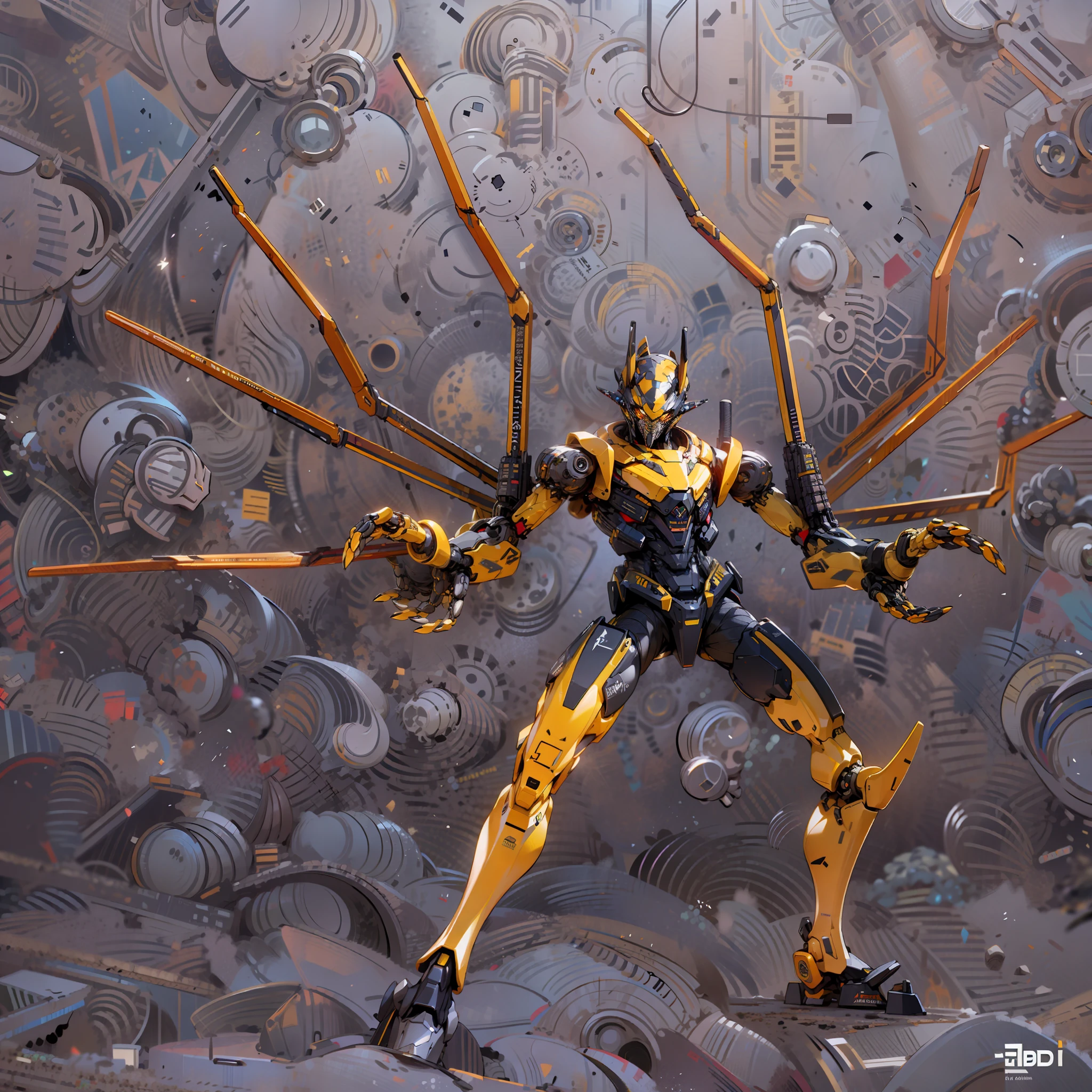 Robot, epic robot, yellow-black livery, hands with pincers, mechanical, complex, real, humanoid mecha, Roland Zilvinskis 3d rendering art, Polycount competition winner, humanoid mecha, 3d rendering stylized, beautiful robot character design, mecha portrait, mecha, transformer style, realism,