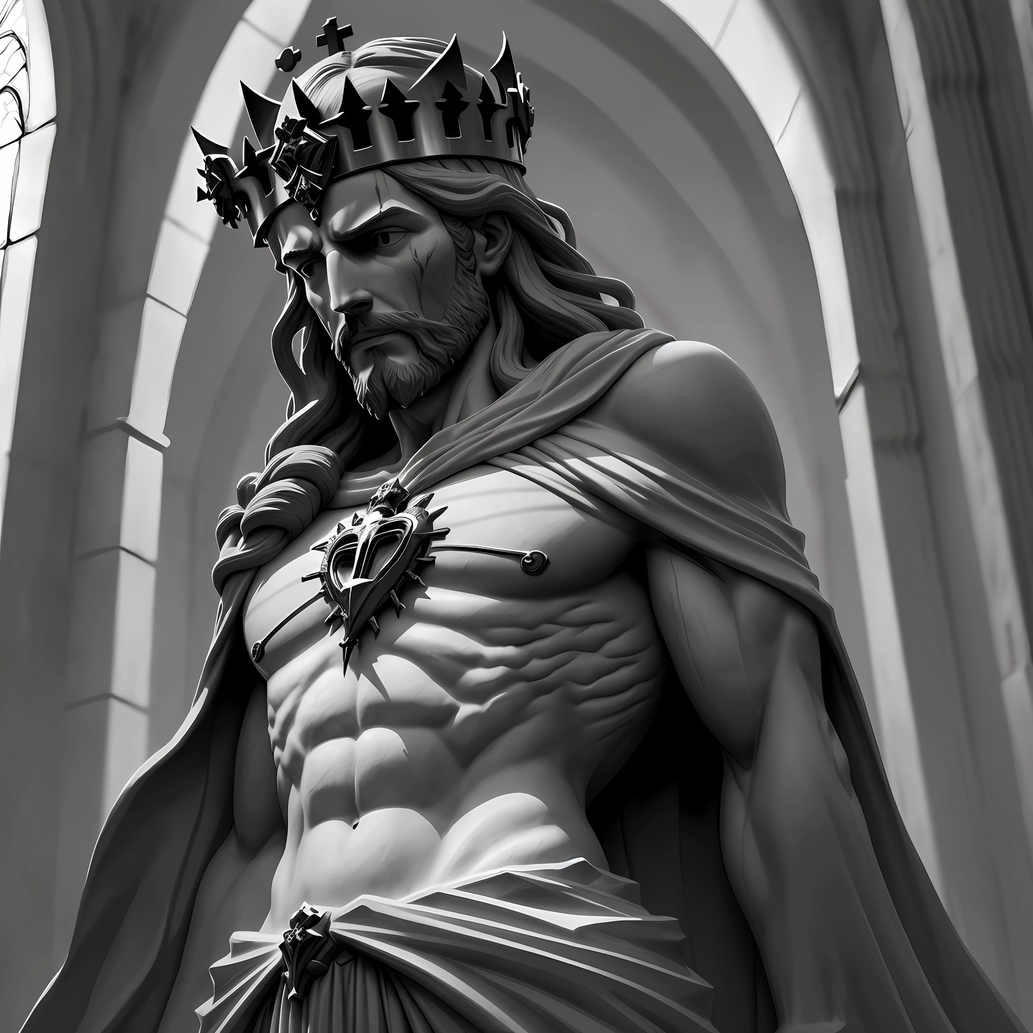 A statue of Jesus Christ. With crown of thorns on his head. Face bleeding red. Sacred heart in red chest. Clint Cearley, a marble sculpture. cinematic:1.4), slate gray atmosphere, hyper-detailed, soft tones, insane details, low contrast.