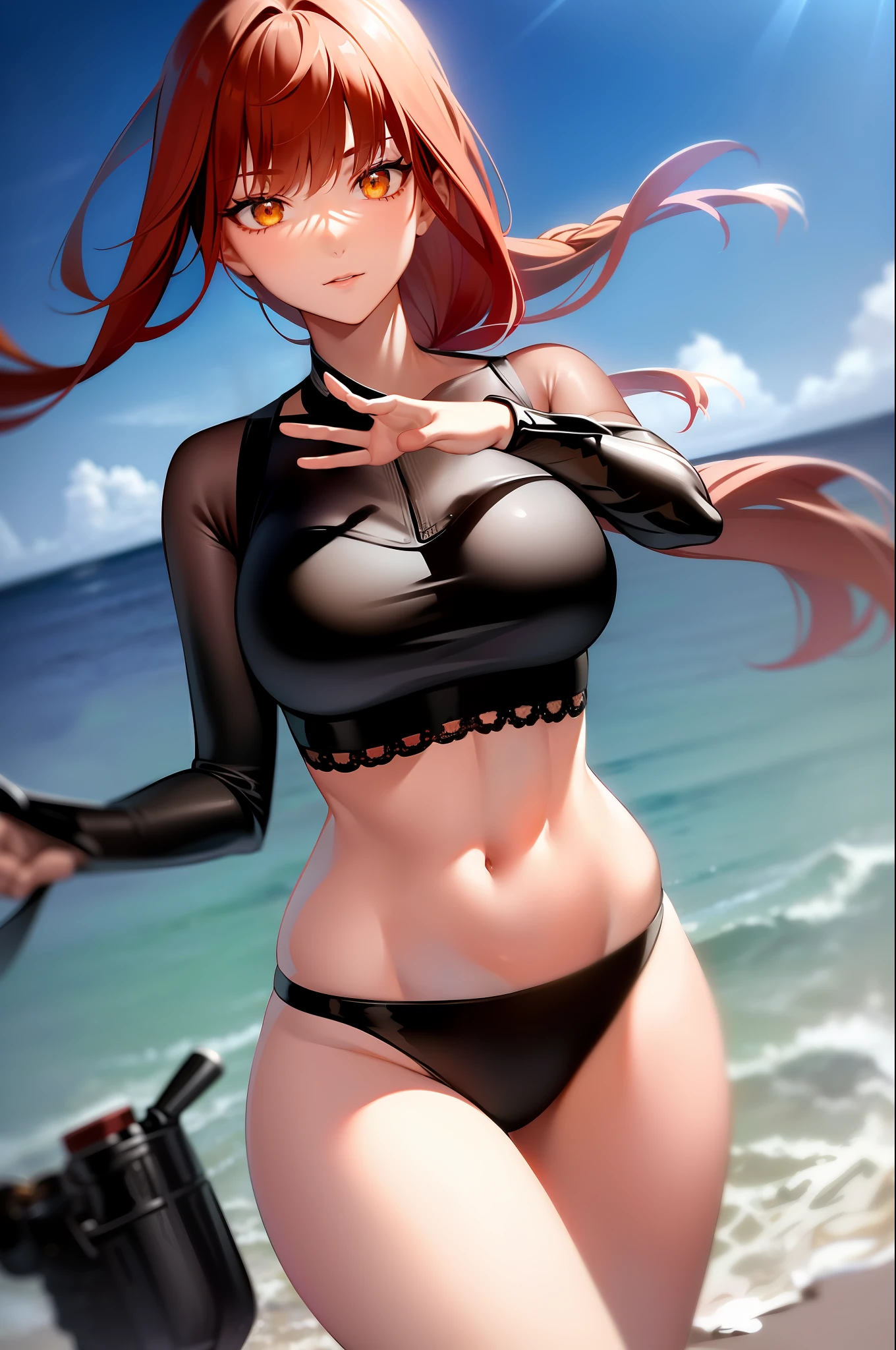 Makima (Chainsaw Man), Top Quality, Ultra Detail, 1 Girl, Solo, Red Hair, Long Braid Hair, Golden Eyes, Bangs, Girl Alone, Sharp Focus, 8K High Resolution, Insanely Detailed, Complex, On a Summer Day, , Ultra Realistic, Ultra Detailed, RAW Photo, Stunning Face, Soft Smile (High Detail Skin: 1.2), [Alessandra Ambrosio: 15] [Zendaya: 15] [ Barbara Palvin: 15] [Margot Robbie: 15] Long light brown hair, (very detailed face: 1.3), (complex and very detailed: 1.2), 8K UHD, DSLR, soft lighting, high quality, film grain, sharp focus, sexy belly, (sexy toned legs, sexy calves)) ((tall)), slightly larger breasts, shooting from the front, The seashore, the moment you carry a bouquet of flowers with both hands, your hair is fluttering in the wind