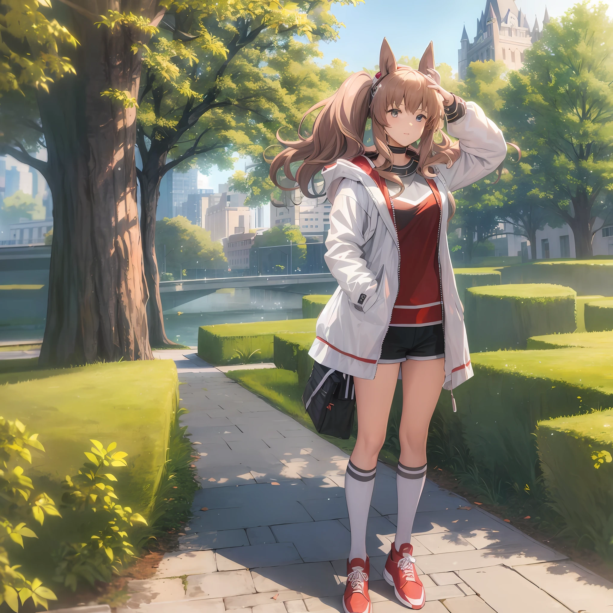 (masterpiece), 4k, 8k, highres, high resolution, beautiful, anime, amazing, girl, standing in city park, hands in pocket, hair waving in wind, view from below, animal ears, white coat, white kneesocks,