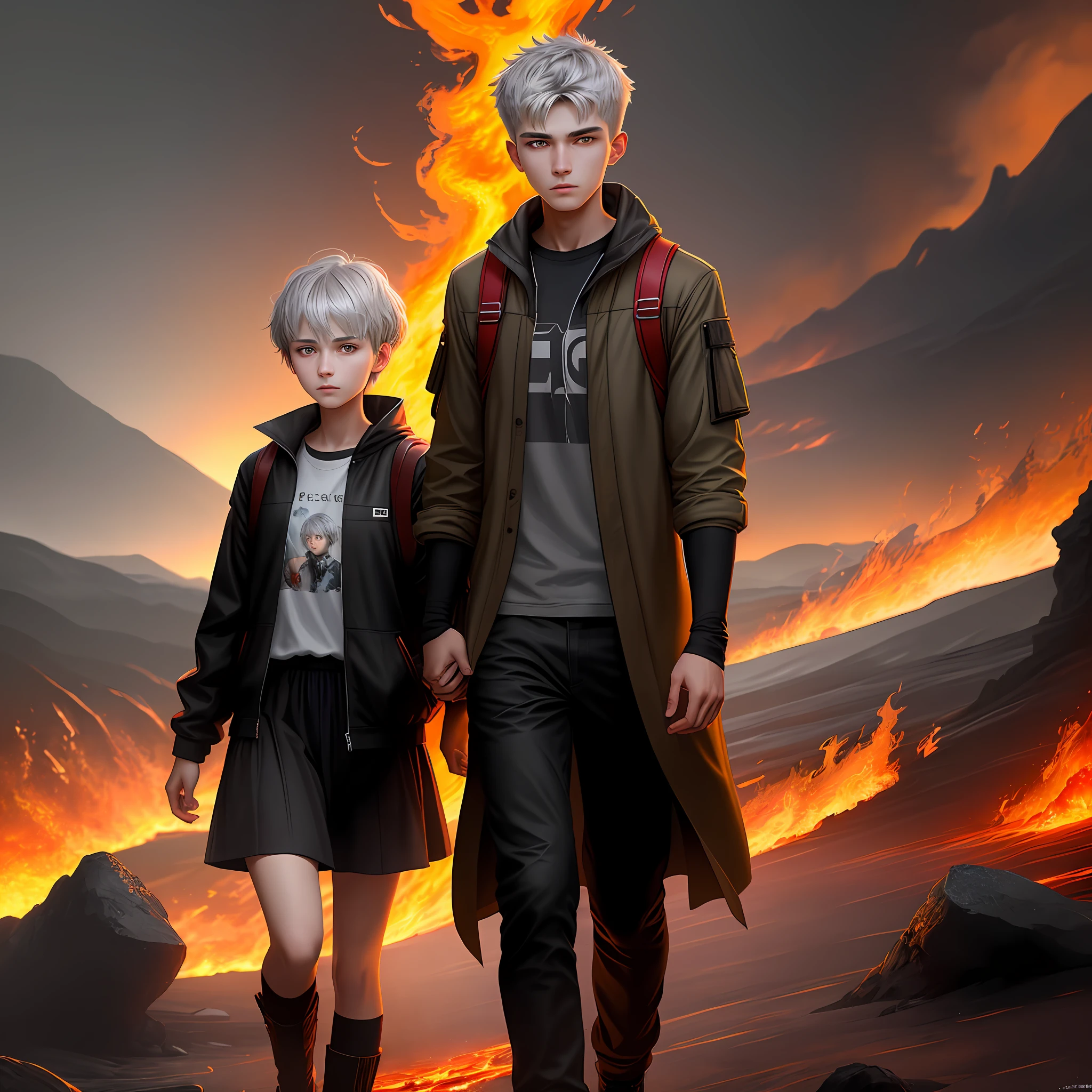 High detail, clarity, 8kk, young guy, 18 years old, light gray hair, short haircut, yellow eyes, clothes covered with dark fire, a girl with gray hair stands nearby, steps of fire in the distance, fiery lava, realism, fantasy