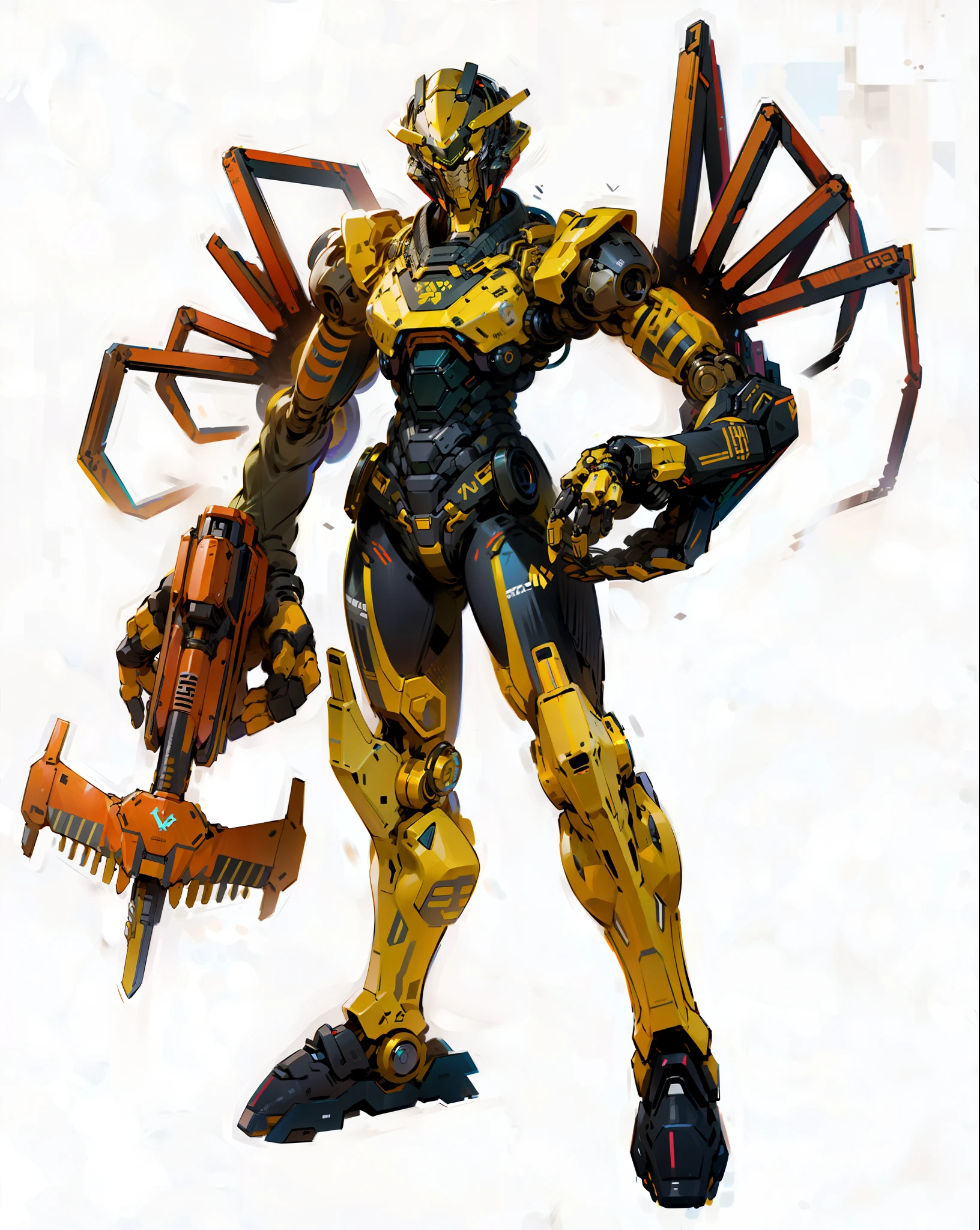 Robot, epic robot, yellow-black livery, pliers in left hand, weapon pressed in right hand, mechanical, complex, real, humanoid mech, Roland Ziervenskis 3d rendering art, Polycount competition winner, humanoid mech, 3d rendering stylized, beautiful robot character design, mecha portrait, mecha, transformer style, realism,