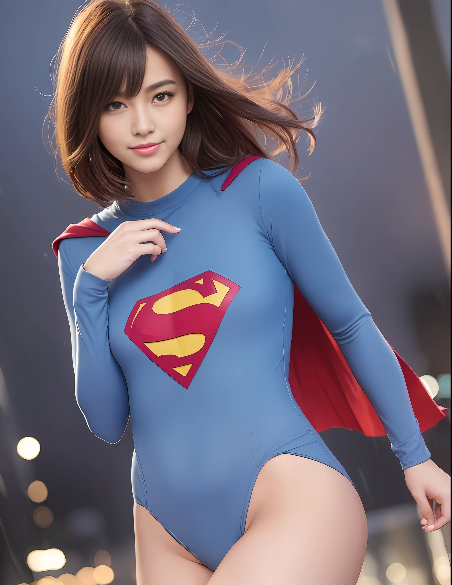 (64K, UHD, Best Quality, Masterpiece: 1.2), (Realistic, Photorealistic: 1.37), Super Detailed, Girl 1 Person, Cute, Solo, Beautiful Detailed Sky, Detailed Ballpark, Night, Full Length View, Standing, 23 years old, Height 167cm, Weight 55kg, Bust 85cm, F Cup, Waist 56cm, Hips 80cm, (Blushing nose), (Smile: 1.15), (Closed mouth), Big, Beautiful fine eyes, night, body-fitting Superman costume, rain, (short hair: 1.2), floating hair NovaFrogStyle,