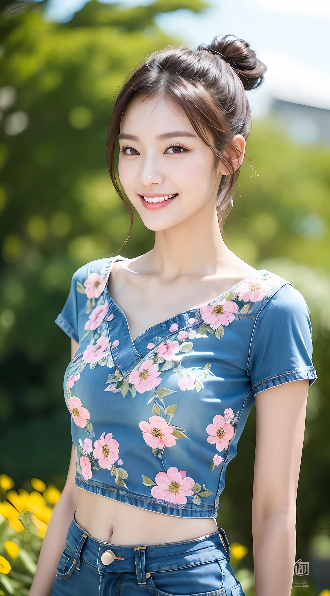 Korean woman, (masterpiece, pretty people, tainted smile), virtual youtube, ponytail, detailed skin texture, jeans, floral midi t-shirt, detailed cloth texture, exquisite and detailed face, masterpiece, collarbone, slim waist, slim body.