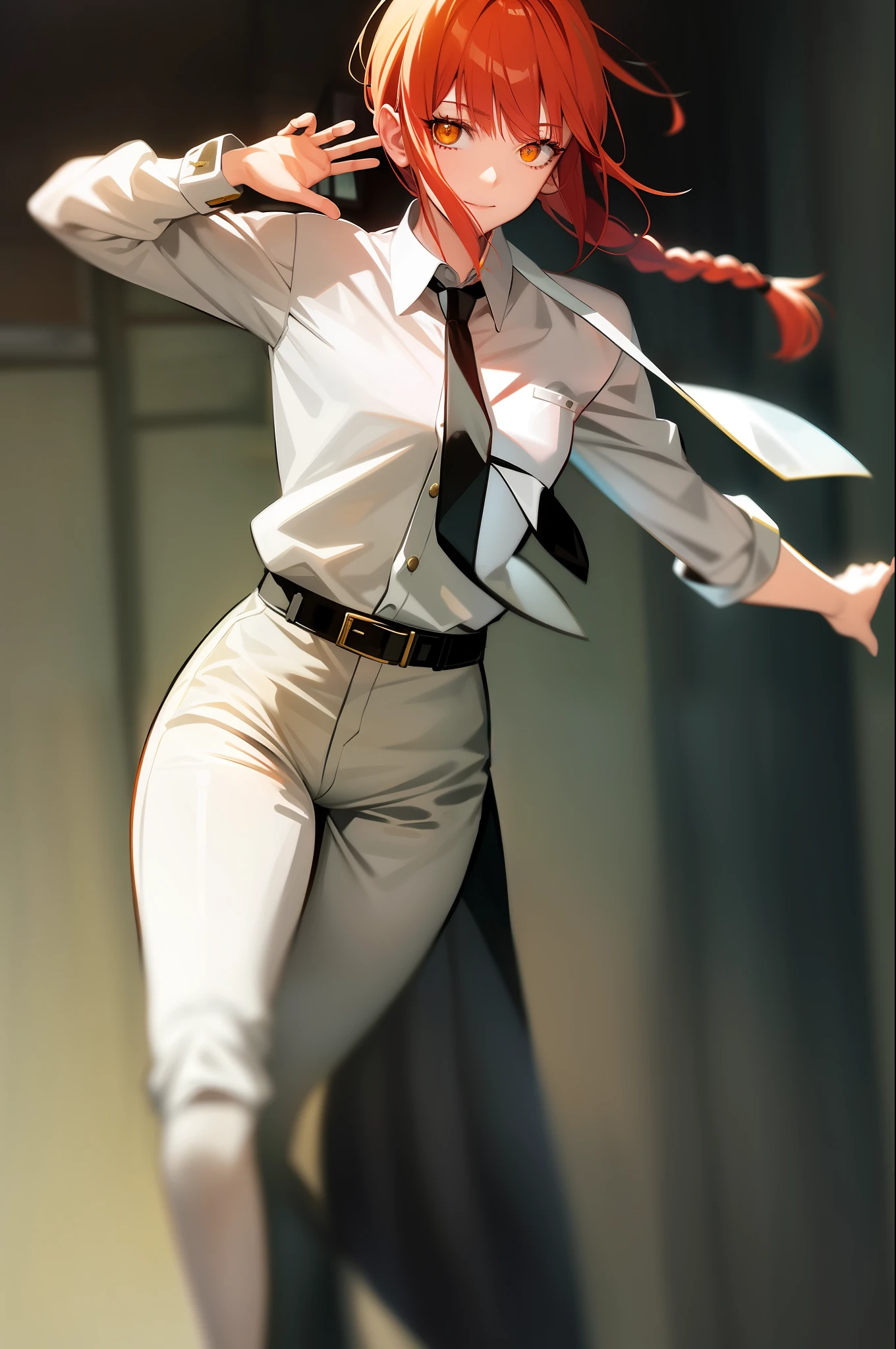 Makima (Chainsaw Man), Top Quality, Super Detailed, 1 Girl, Solo, Red Hair, Long Braid Hair, Golden Eyes, Bangs, Big, White Shirt, Tie, Staring, Smile, Look at Viewer, Arms Behind Hips, Venus Pose, Cute Pose, Realistic Drawing, From Knee Up