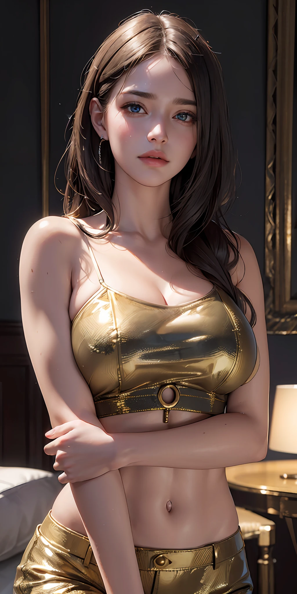 (photorealistic:1.4), (masterpiece, sidelighting, finely detailed beautiful eyes: 1.2), masterpiece*portrait, realistic, 3d face, glowing eyes, shiny hair, lustrous skin, solo, embarassed, (midriff), A look of shame, blush, peeing self, large breast