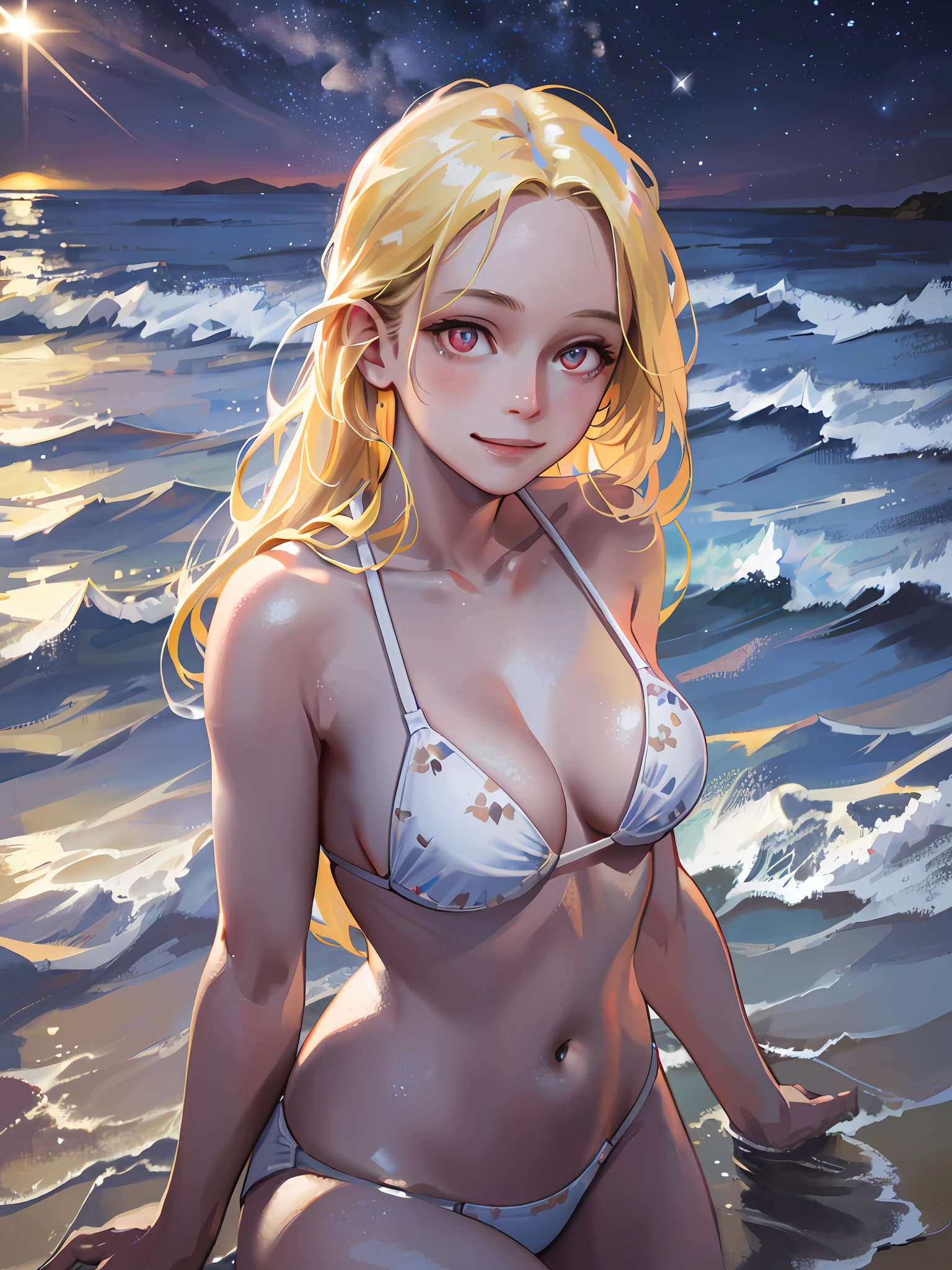2girls, flowers, bloom, lens flare, (8k, RAW, professional, best quality, masterpiece:1.2), (realistic,photorealistic:1.37), ultra-detailed, (25mm portrait wide angle), (highest detailed eyes:1.2), cinematic lighting, European, straight blond hair, (windy), standing on the beach, night time, warm white light, look at the camera, bikini, polite smile, playing in water, moonlight, stars, moon, milkyway (red eyes, evil smile)