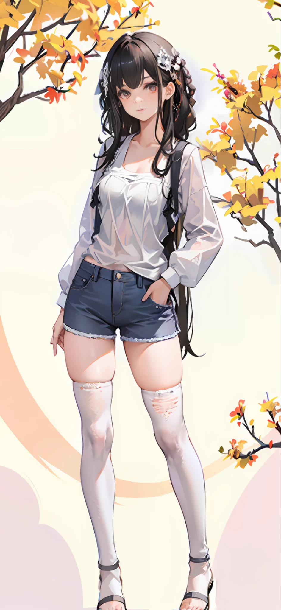 arafed asian woman in a yellow shirt and denim shorts posing for a picture, photo of slim girl model, korean women's fashion model, mini-skirt, photo of slim girl, 2 4 year old female model, mini jeans skirt, skinny waist and thick hips, h 576, ( ( ( wearing jeans ) ) ), denim hot-pants