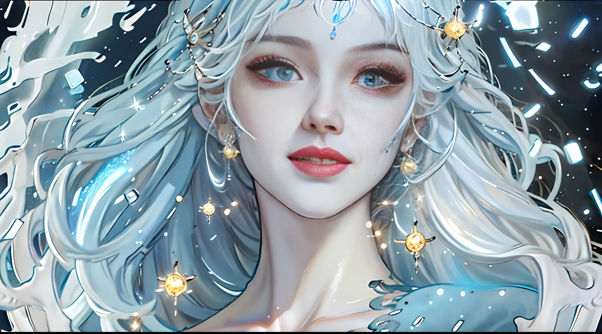 curly hair, blue hair, ribbon, mole under eye, laughing, twin drills, side swept bangs, very long hair, wavy hair, aqua eyes, cinematic lighting, sparkle, god rays, textured skin, high details, 1080P, 4K, HD