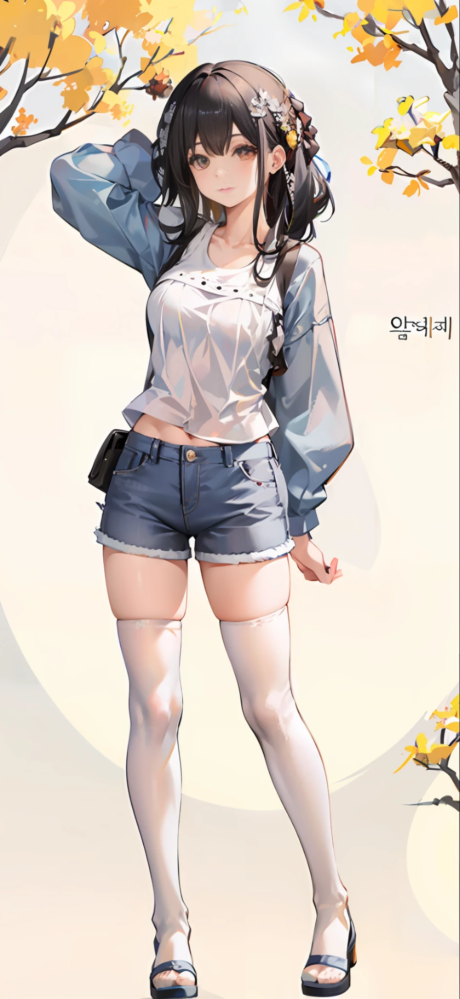 arafed asian woman in a yellow shirt and denim shorts posing for a picture, photo of slim girl model, korean women's fashion model, mini-skirt, photo of slim girl, 2 4 year old female model, mini jeans skirt, skinny waist and thick hips, h 576, ( ( ( wearing jeans ) ) ), denim hot-pants