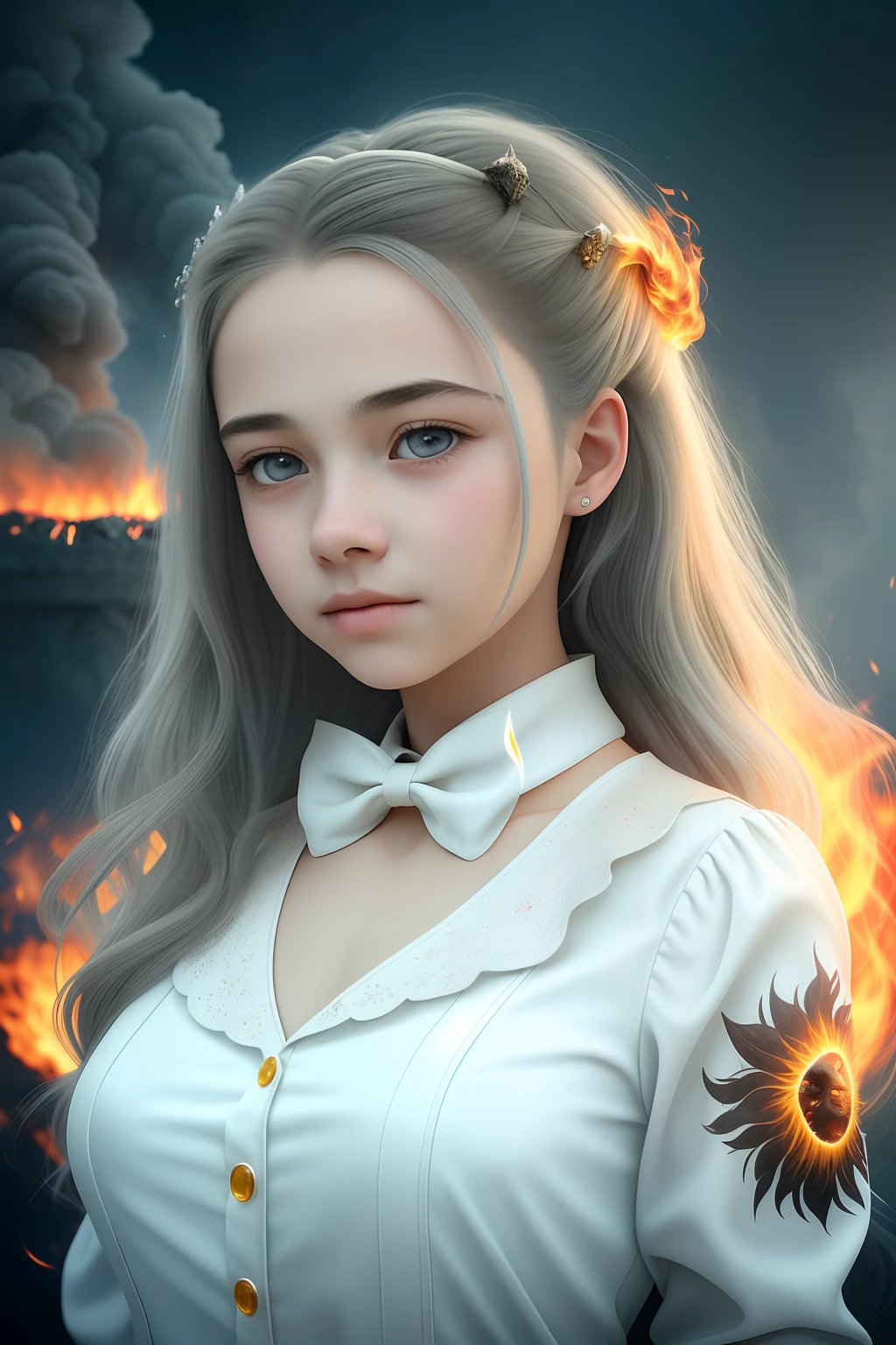 Girl hugs a boy with gray hair, the image dissolves in a haze of ashes, fire, 18 years old guy, gray hair, yellow eyes, sitting on a throne of fire, realism, high detail, good definition, fantasy, 4kk, 8kk
