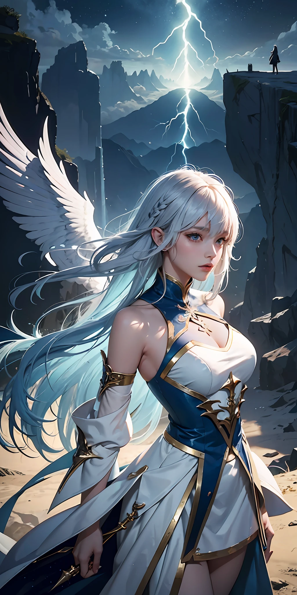 1air elemental girl, beautiful detailed face, light blue skin, long flowing white hair, pointed ears, wings on the back, wearing a flowing dress made of clouds, standing on top of a cliff overlooking the world, arms outstretched towards the sky, invoking a fierce storm, lightning crackling in the background, highly detailed exquisite fanart, Guweiz in ArtStation Pixiv, Guweiz in Pixiv ArtStation, trend in ArtStation Pixiv, portrait Knights of Zodiac Girl, detailed digital anime art, anime fantasy illustration, digital anime art, digital anime illustration, anime style illustration, perfect eyes, realistic eyes, beautiful eyes, perfect anatomy