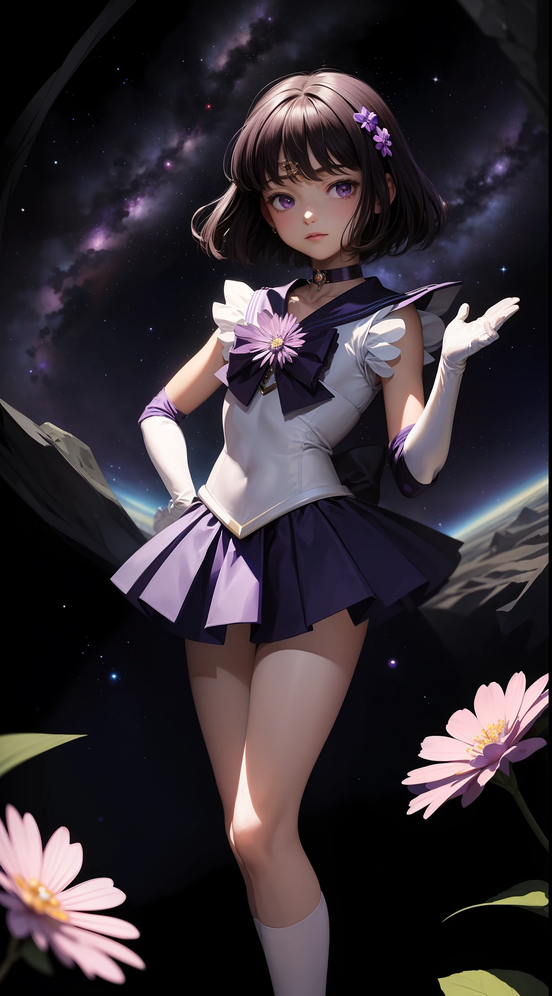 (Masterpiece, Best Quality: 1.2), Solo, 1Girl, Sailor Saturn, Magical Girl, Shut Up, Look at the Audience, Hands on Hips, Sailor Warrior Uniform, Pleated Skirt, Elbow Gloves, Jewelry, (((brooch)), Collar, Purple Eyes, Cosmic Background Universe, Milky Way, Full Body, Distance Composition, ((Small Purple Flower))