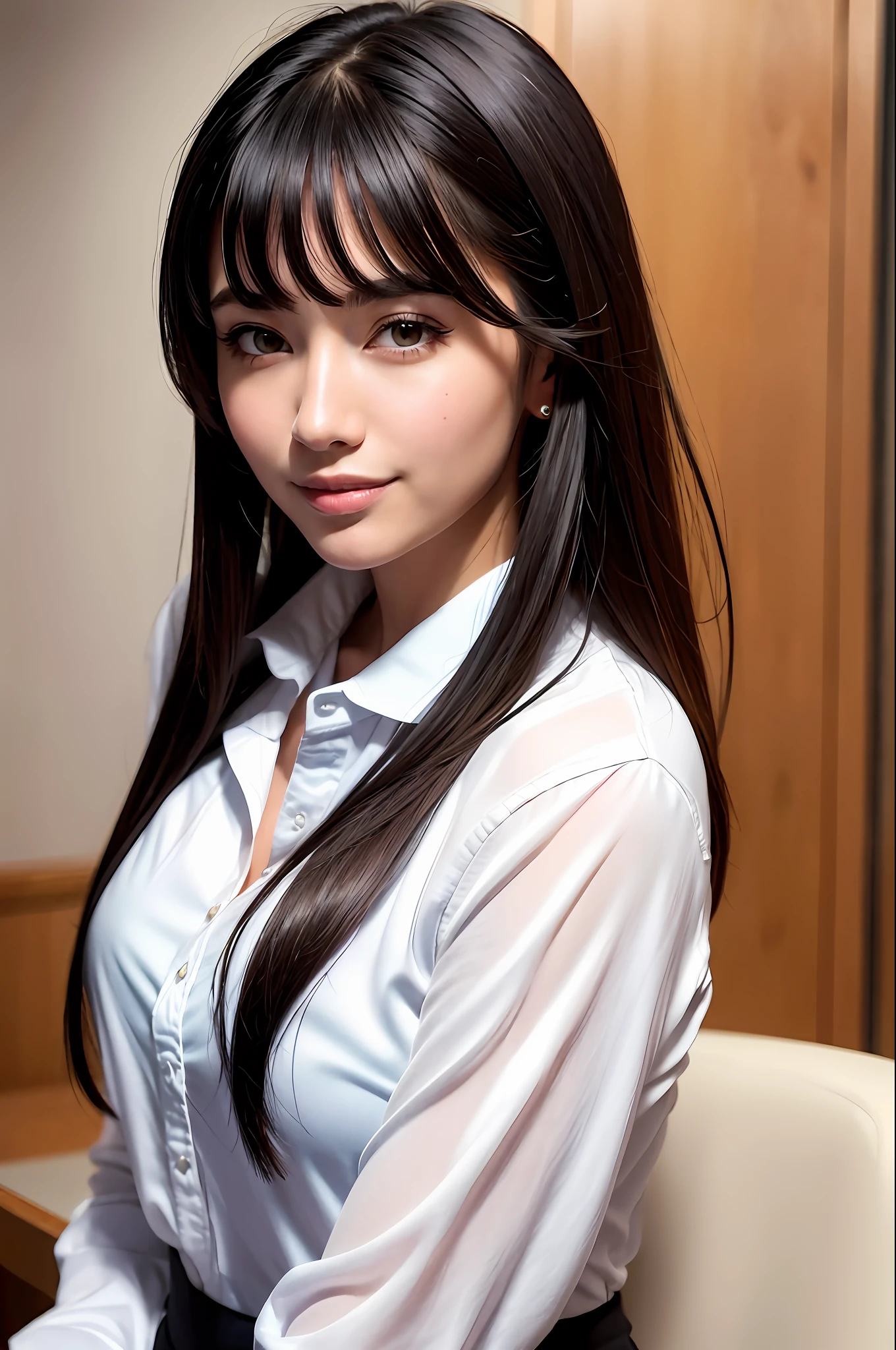 (8k, top quality, masterpiece: 1.2), (realistic, photorealistic: 1.37), super detailed, 1 girl, black hair, 18 years old, beautiful face, soft expression, happy smile, alone, rest in a café, (blush), (smile: 2.5), medium breasts, beautiful fine eyes, (shirt with collar: 1.1), (middle hair: 1.2), floating hair NovaFrogStyle,