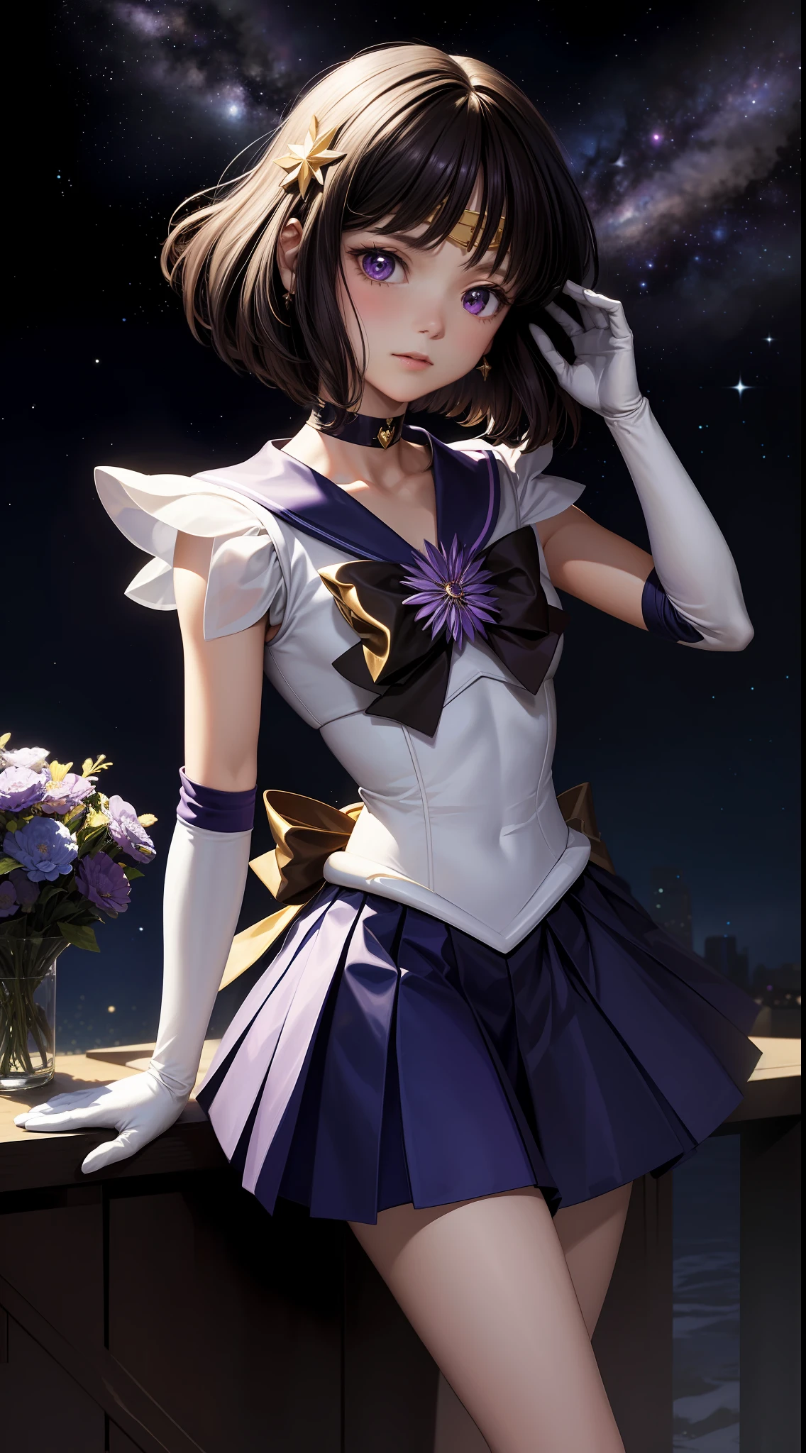 (Masterpiece, Best Quality: 1.2), Solo, 1Girl, Sailor Saturn, Magical Girl, Shut Mouth, Look at the Audience, Hands Folded, Sailor Warrior Uniform, Pleated Skirt, Elbow Gloves, Jewelry, ((Gold Brooch)), Collar, Purple Eyes, Cosmic Background Universe, Milky Way, Full Body, Distant Composition, (Small Purple Flower), Dignified,