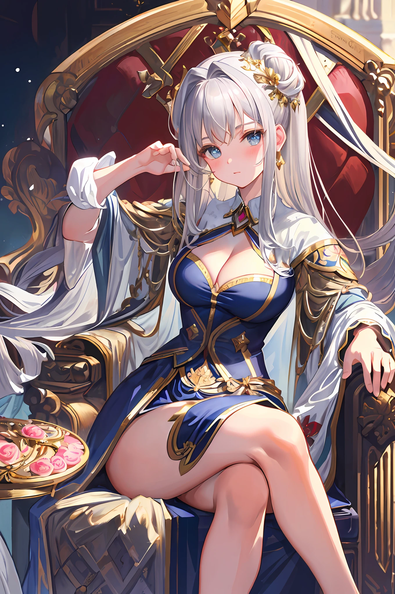 (((Masterpiece))), top quality, super detailed, blush, cute and playful, aristocratic costume, king, sitting on a throne, open legs, luxurious ornaments, silver hair, fluffy hairstyle, elastic breasts, thick thighs, heart-blowing eyes, sweet look, cleavage, dynamic and cute poses.