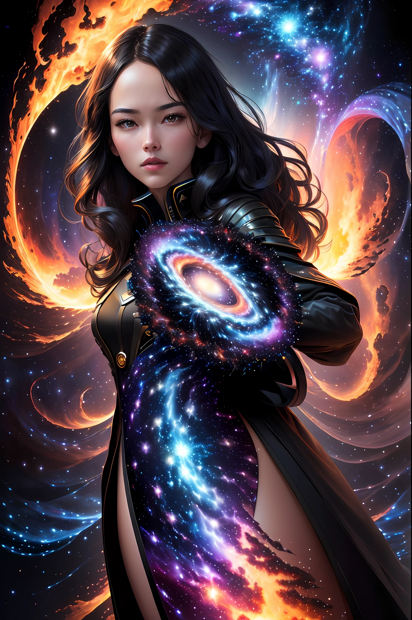 ((best quality)), ((masterpiece)), (high detail), (highres), 8k, looking at the infinite length of the universe, infinite galaxies, dangerous black holes, explosive supernovae, floating stars, infinite staircases, stellar nebulae, cinematic atmosphere, negative dark mode, mc escher, senseijaye art, matrix atmosphere, digital code whirlpool, matte paint, multiverse, cosmic explosion