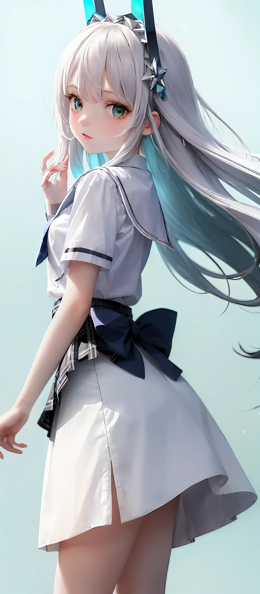 1girl, (masterpiece:1.1), (best quality:1.1), (white blouse:1.1), (plaid skirt:1.1), school uniform, high waist skirt, break [blue:pink:0.5] theme, (gradient background: 1.1), denim lens, break silver, long hair, green eyes, delicate headdress, sideways, upturned ass, big breasts, Three points are missed