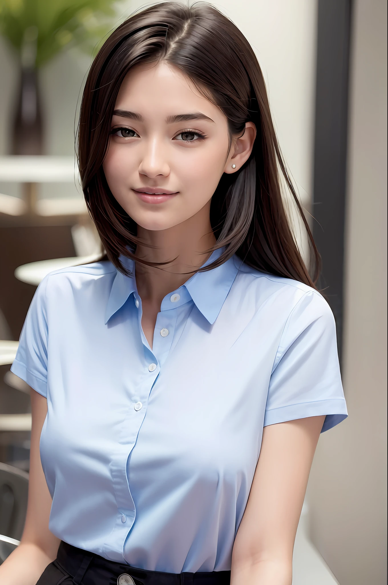 (8k, top quality, masterpiece: 1.2), (realistic, photorealistic: 1.37), super detailed, 1 girl, black hair, 18 years old, beautiful face, soft expression, happy smile, alone, rest in a café, (blush), (smile: 2.5), medium breasts, beautiful fine eyes, (shirt with collar: 1.1), (middle hair: 1.2), floating hair NovaFrogStyle,