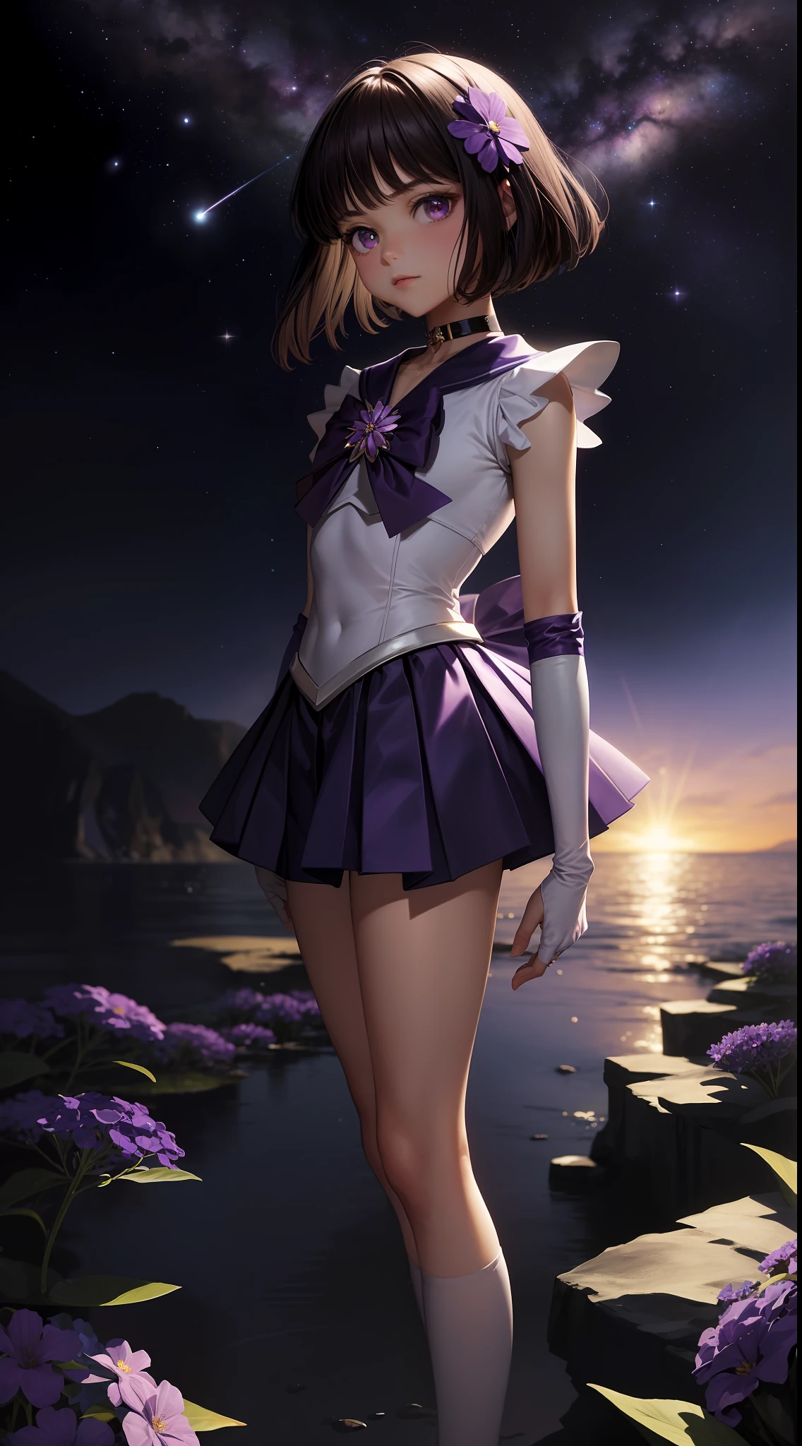 (Masterpiece, Best Quality: 1.2), Solo, 1Girl, Sailor Saturn, Magical Girl, Shut Up, Look at the Audience, Hands on Hips, Sailor Warrior Uniform, Pleated Skirt, Elbow Gloves, Jewelry, (((brooch)), Collar, Purple Eyes, Cosmic Background Universe, Milky Way, Full Body, Distance Composition, ((Small Purple Flower))
