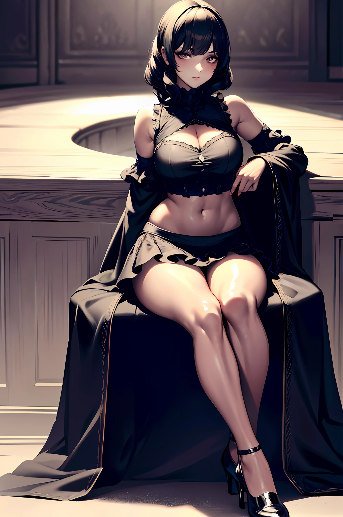 photorealistic, ruffle sleeve crop top, intricate high detail, dramatic, skin pores, very dark lighting, heavy shadows, detailed, 1girl, cute fine face, (full body), high heels, (vibrant, photo realistic, dramatic, dark, sharp focus) ((film grain, skin details, high detailed skin texture, 8k hdr, dslr)),