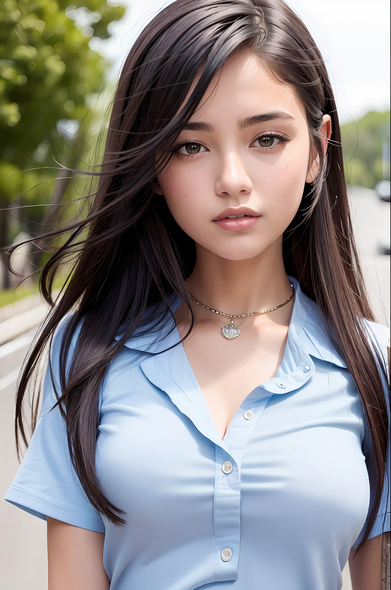(8k, top quality, masterpiece: 1.2), (realistic, photorealistic: 1.37), super detailed, girl 1 person, black hair, 18 years old, beautiful face, soft expression, happy, alone, beautiful detailed sky, detailed café, (blush), (smile: 2.5),medium breasts,beautiful fine eyes,(shirt with collar:1.1),business wear,(middle hair:1.2),floating hair NovaFrogStyle ,