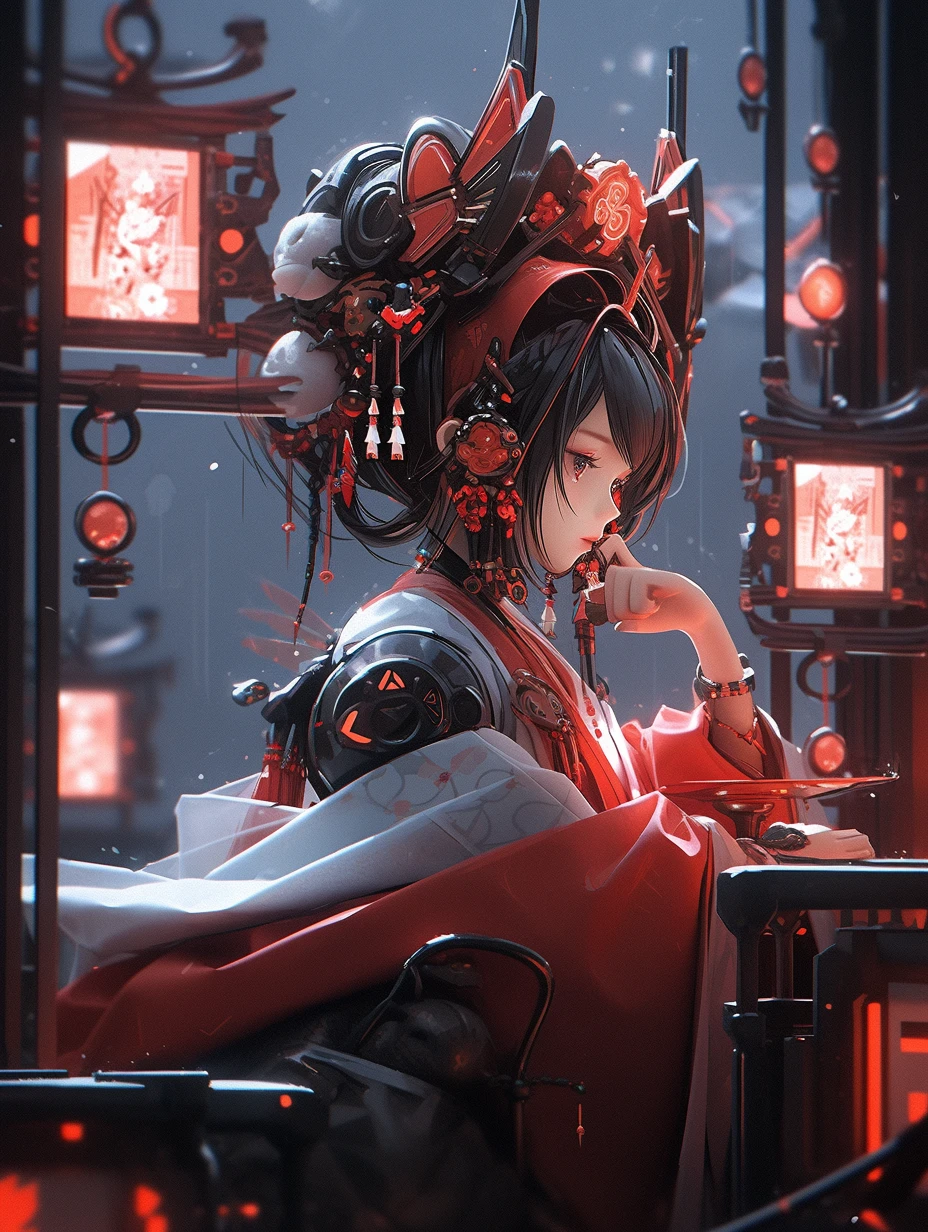 Cyberpunk,Ancient Chinese female wearing Hanfu, Floating in the air, infornt of incubator, Mechanical, Cyborg, cyberpunk, jade headdress, flammule, ribbon of moonlight, dragoncore, full body frontview, stand scenes, translucent, computer graphics art, high resolution, 32k, halo, 3D, blind box toy style, cinematic lighting, god rays, best quality, UHD --ar 3:4 --niji 5 --s 250