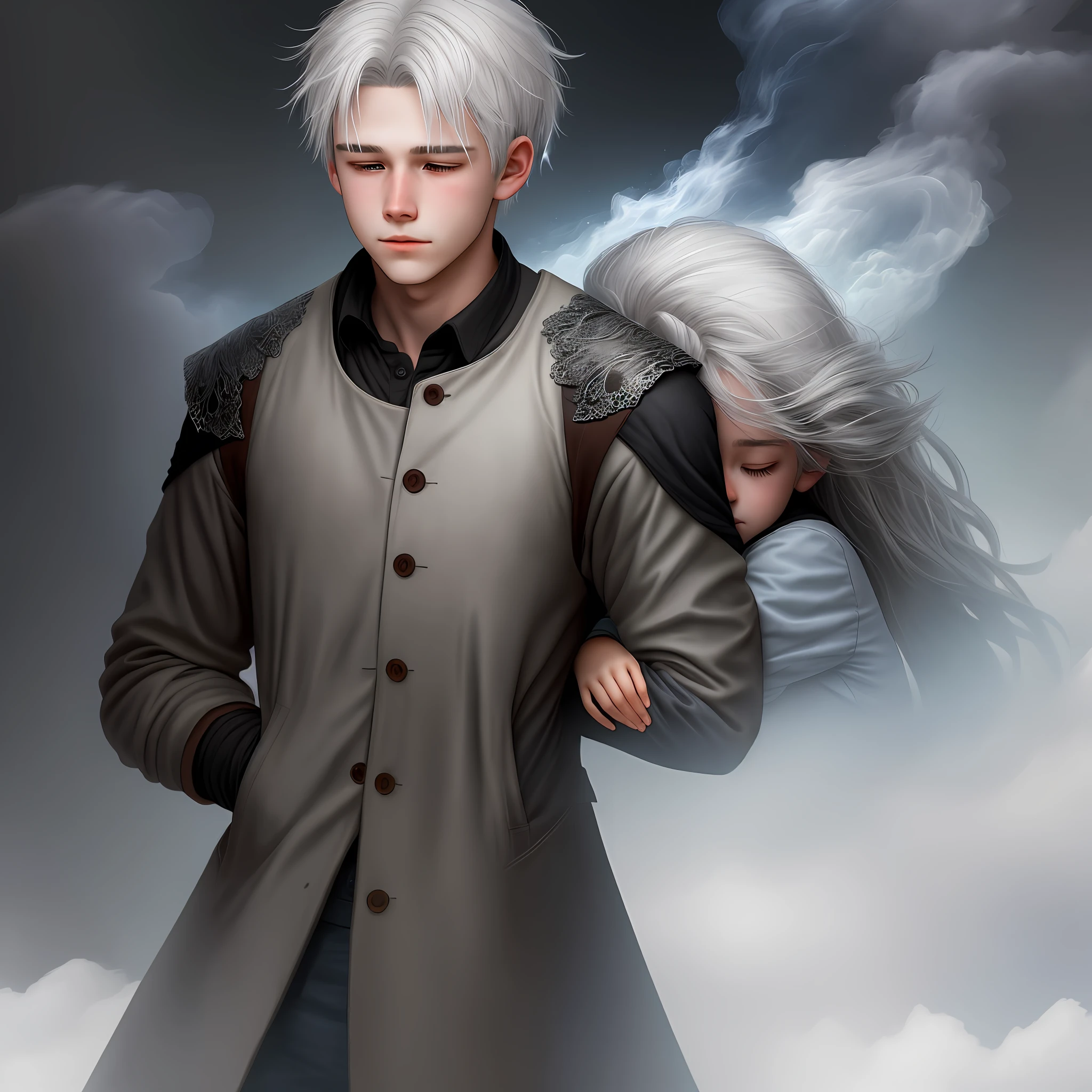 Girl hugs a boy with gray hair, the image dissolves in a haze of ashes, fire, realism, high detail, fantasy, 4kk,