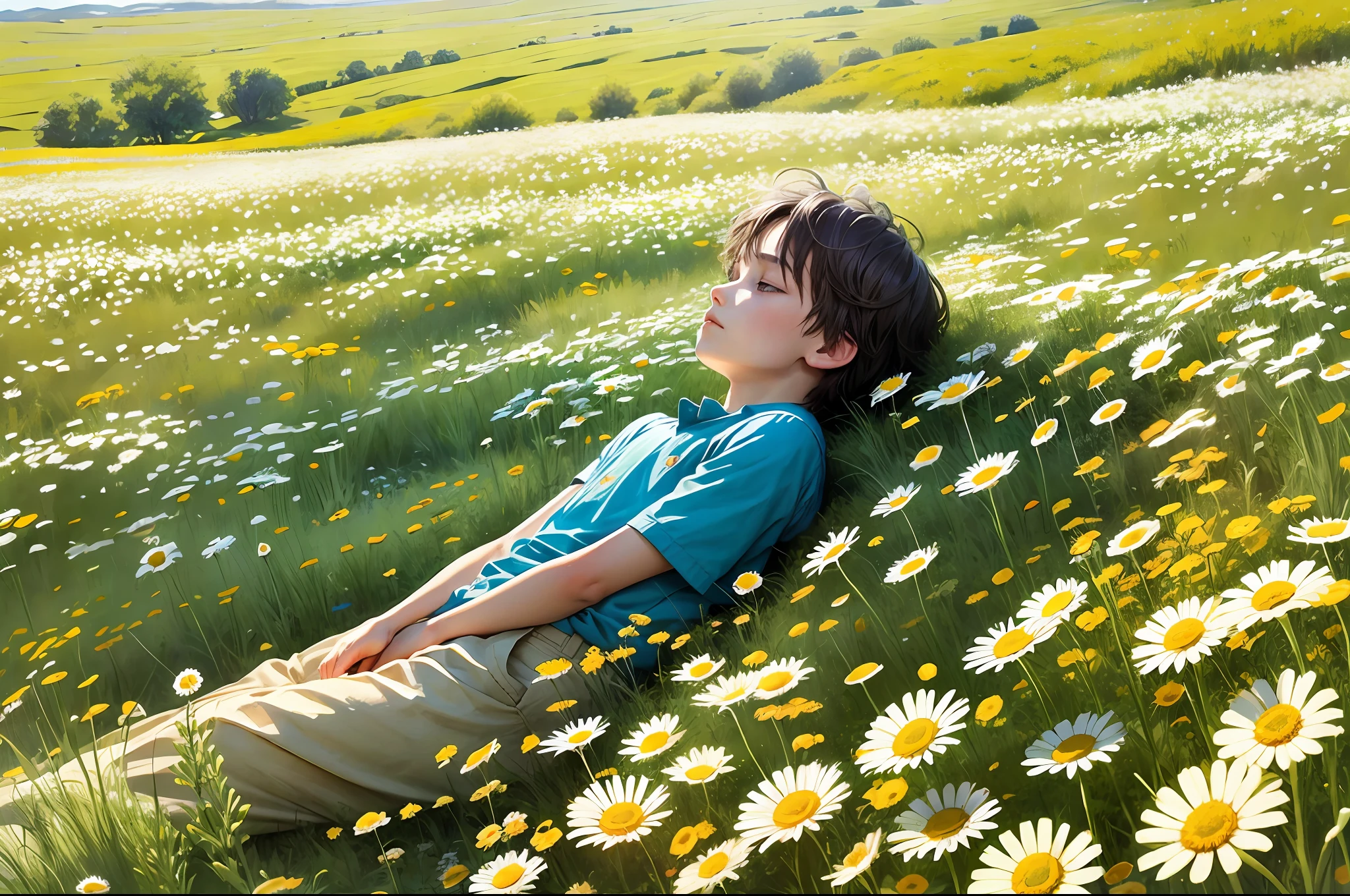 The boy lies in a chamomile field, a lot of daisies, bright sun