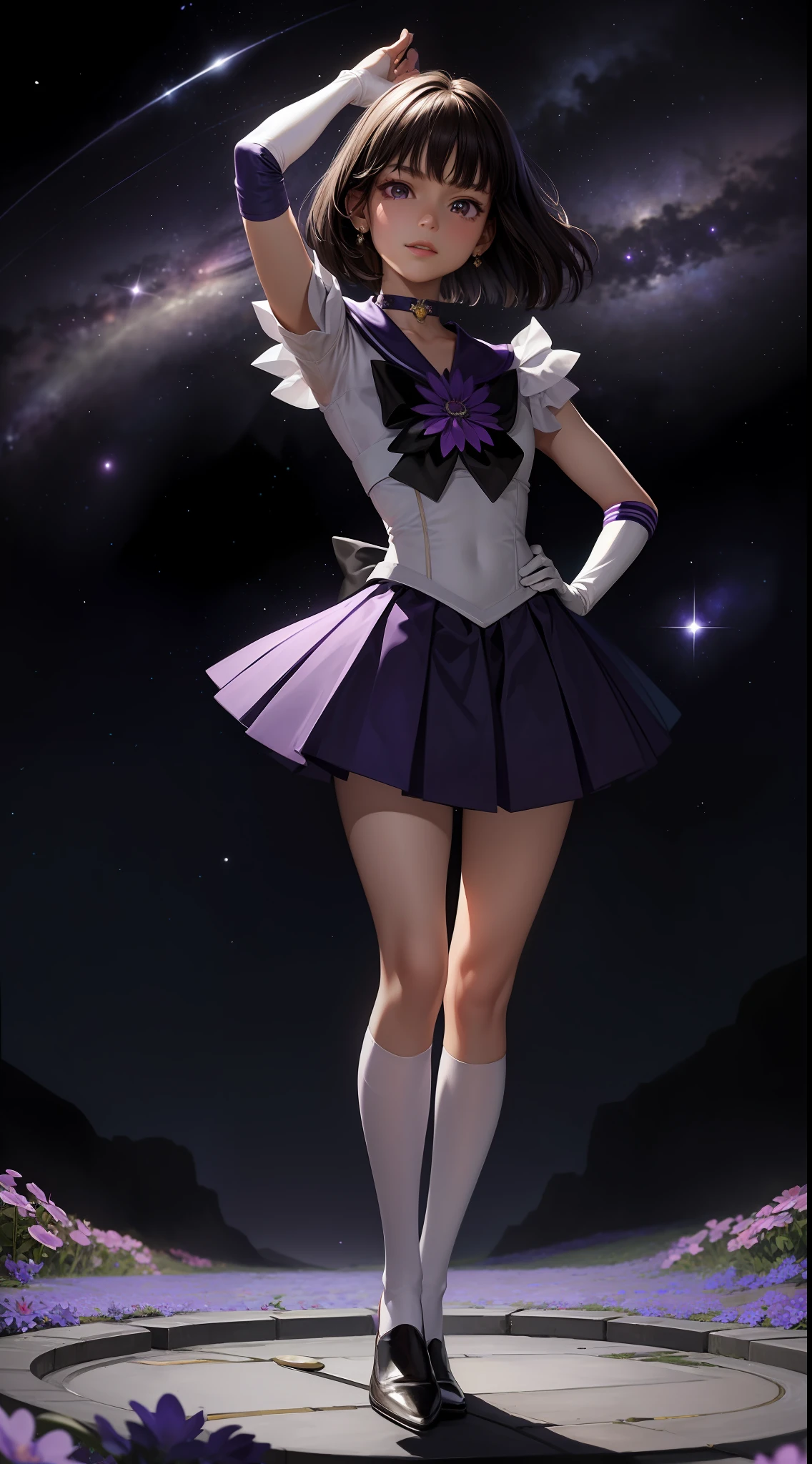 (Masterpiece, Best Quality: 1.2), Solo, 1Girl, Sailor Saturn, Magical Girl, Shut Up, Look at the Audience, Hands on Hips, Sailor Warrior Uniform, Pleated Skirt, Elbow Gloves, Jewelry, Brooch, Collar, Purple Eyes, Cosmic Background Universe, Milky Way, Full Body, Distance Composition, ((Small Purple Flower))