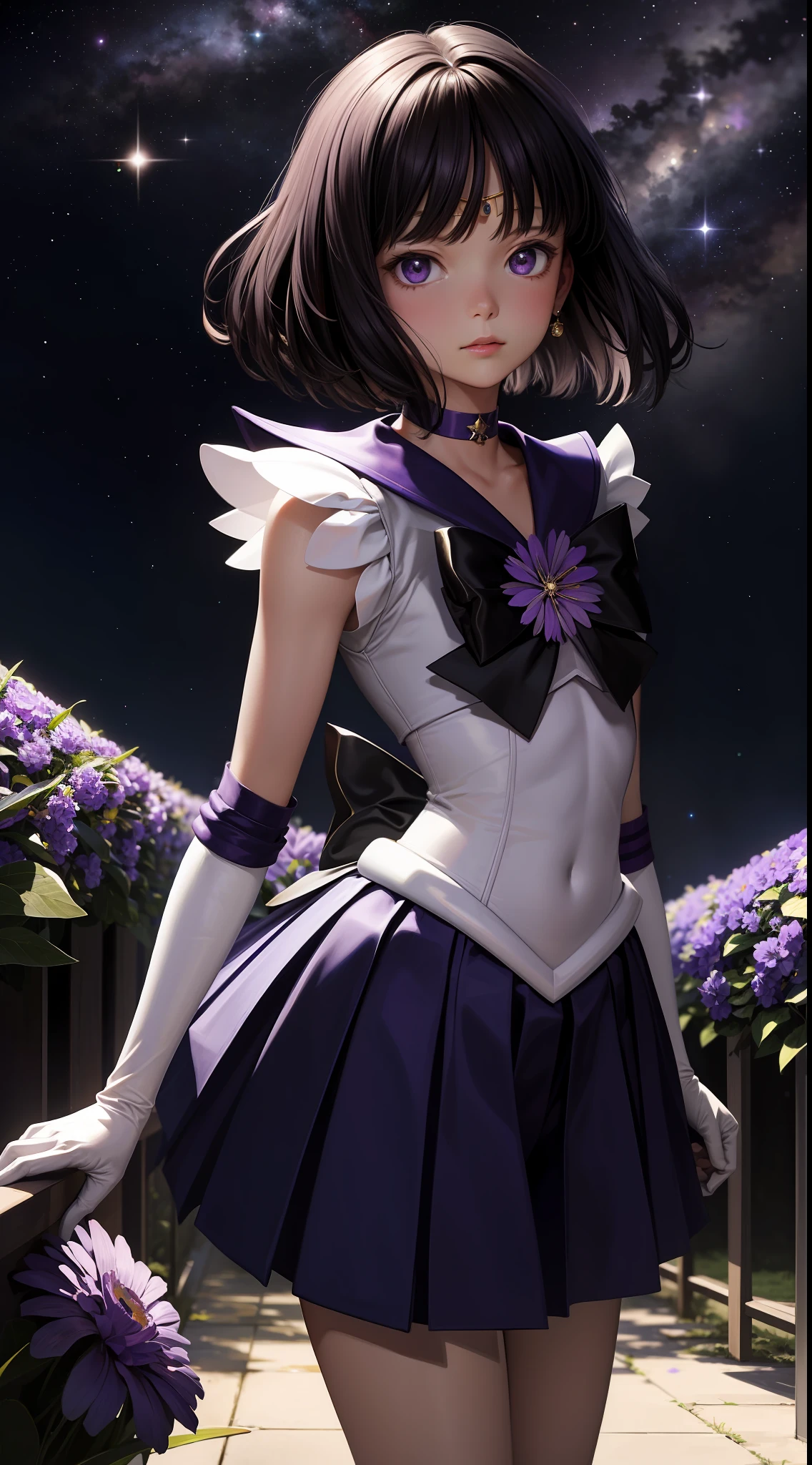 (Masterpiece, Best Quality: 1.2), Solo, 1Girl, Sailor Saturn, Magical Girl, Shut Up, Look at the Audience, Hands on Hips, Sailor Warrior Uniform, Pleated Skirt, Elbow Gloves, Jewelry, Brooch, Collar, Purple Eyes, Cosmic Background Universe, Milky Way, Full Body, Distance Composition, ((Small Purple Flower))