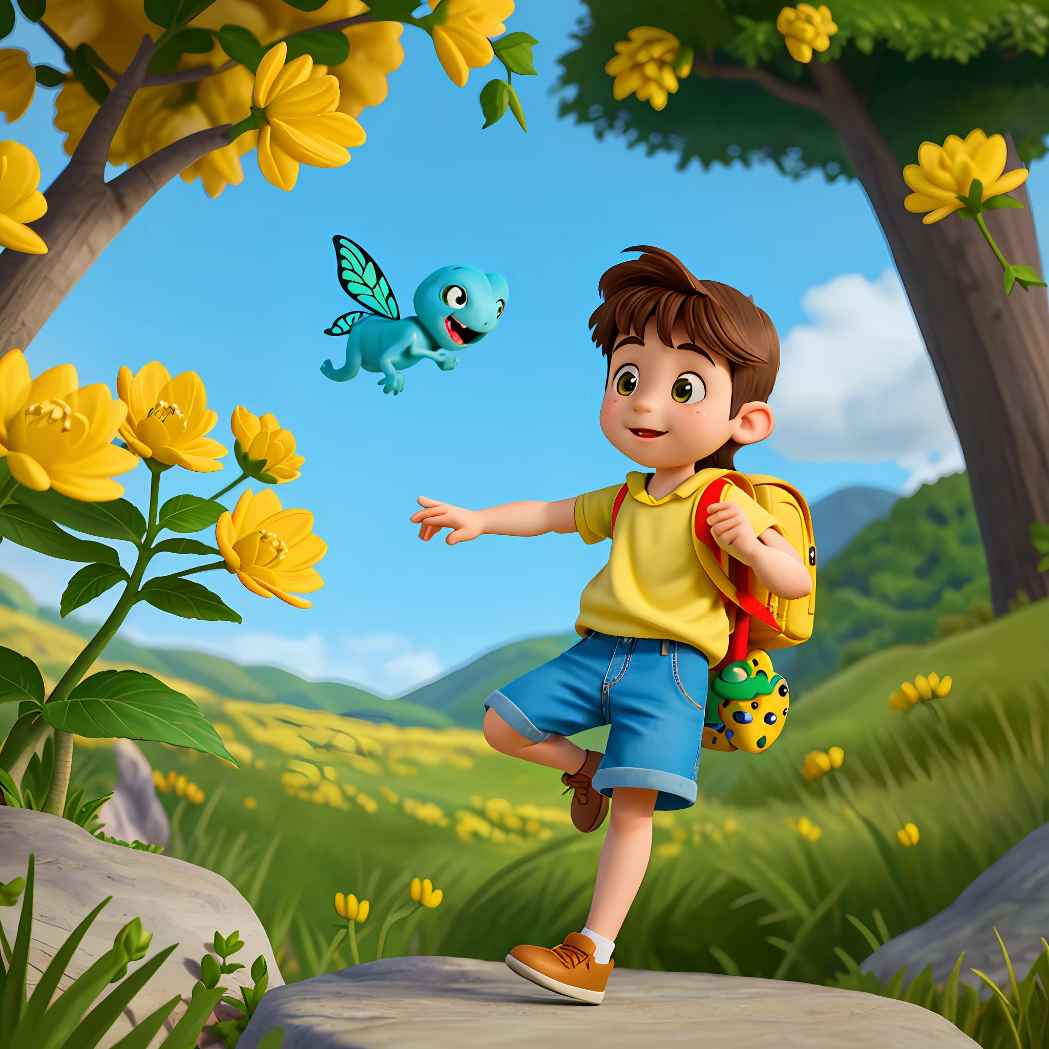 (Best quality, masterpiece, cartoon style, high resolution 4k wallpaper), a little boy with a backpack and cute little dinosaur enjoying a cute spring outing in beautiful yellow flowers and scenic nature. The illustration has very detailed facial features and a dancing flying butterfly.