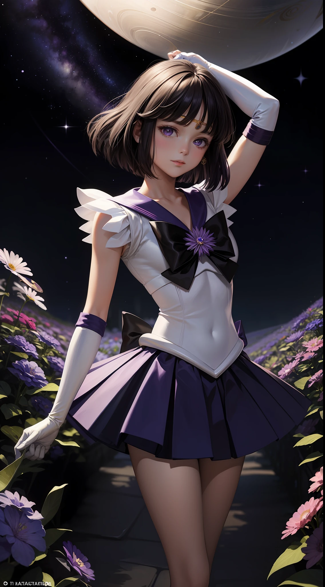 (Masterpiece, Best Quality: 1.2), Solo, 1Girl, Sailor Saturn, Magical Girl, Shut Up, Look at the Audience, Hands on Hips, Sailor Warrior Uniform, Pleated Skirt, Elbow Gloves, Jewelry, Brooches, Collars, Purple Eyes, Cosmic Background Universe, Saturn, Saturn Rings, Milky Way, Full Body, Distance Composition, ((Purple Flower))